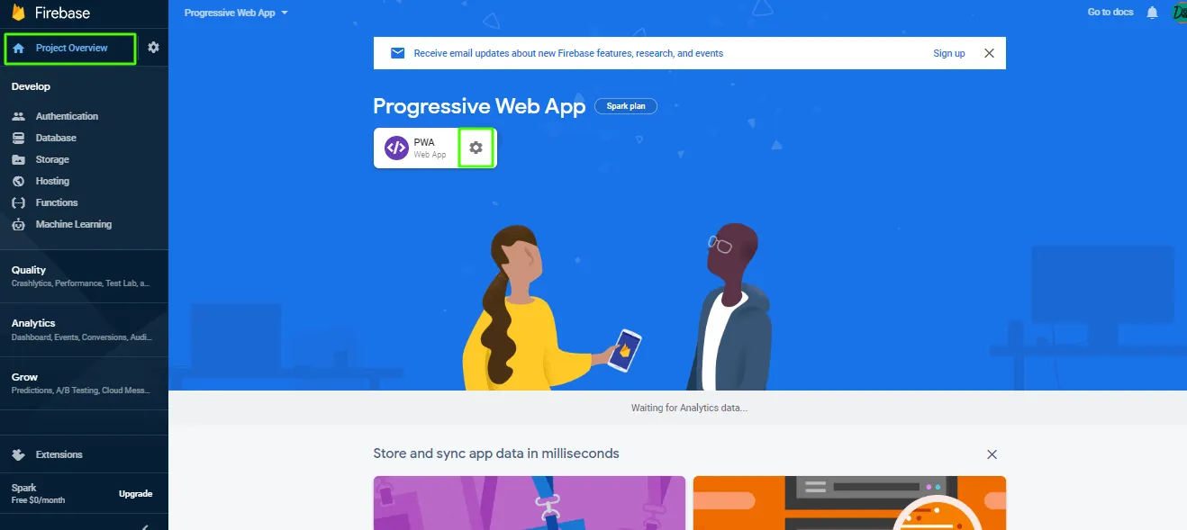 The project overview with the app and its settings gear highlighted