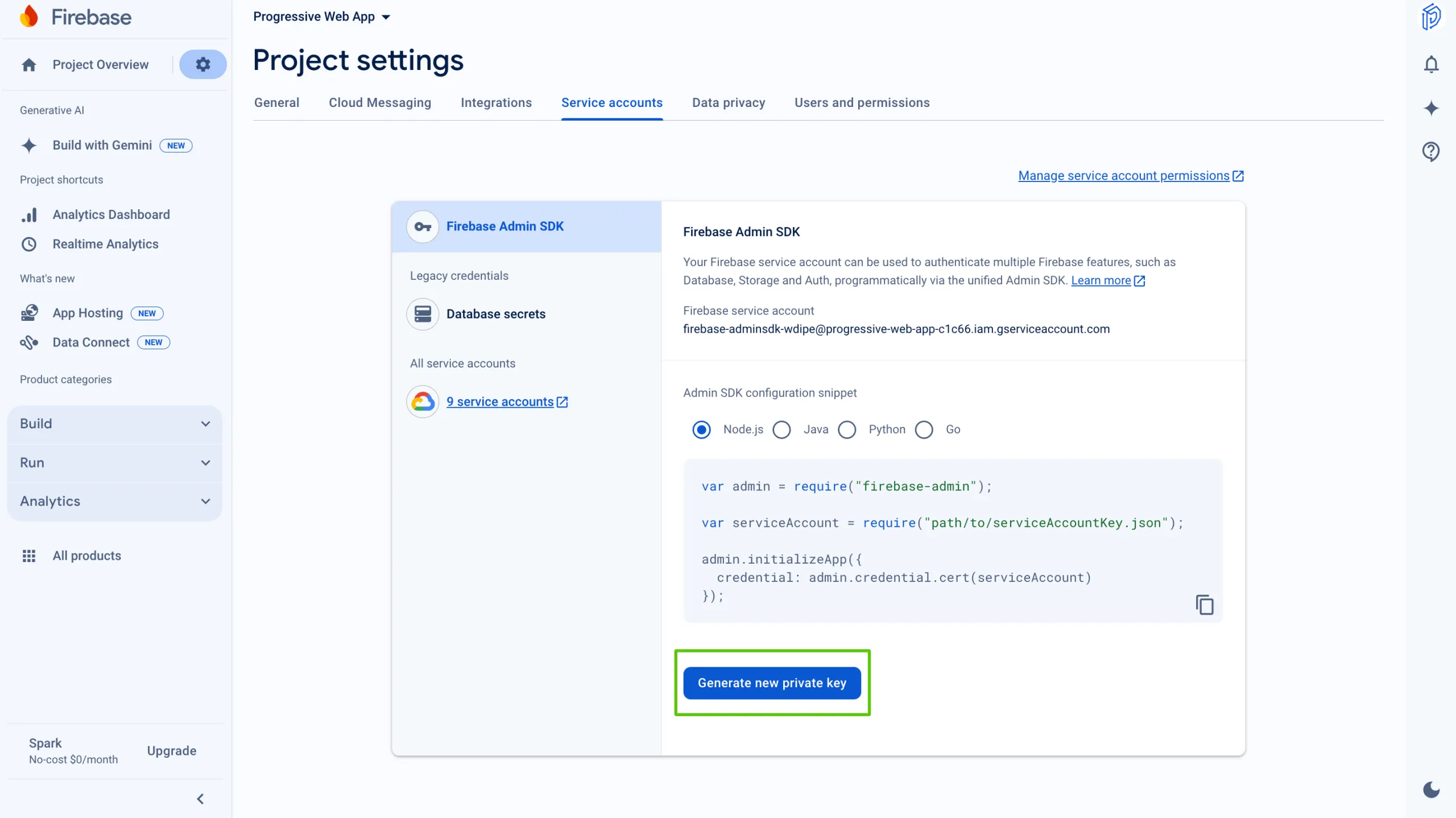 The Service accounts tab with Generate new private key highlighted