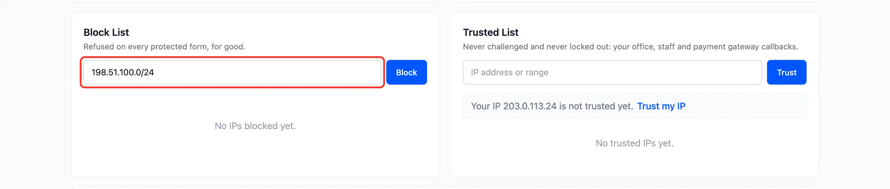 An IP range typed into the Block List