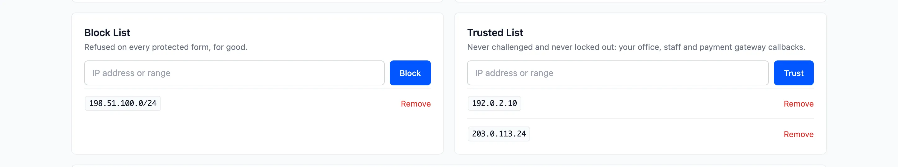 A blocked range and two trusted IPs on the lists