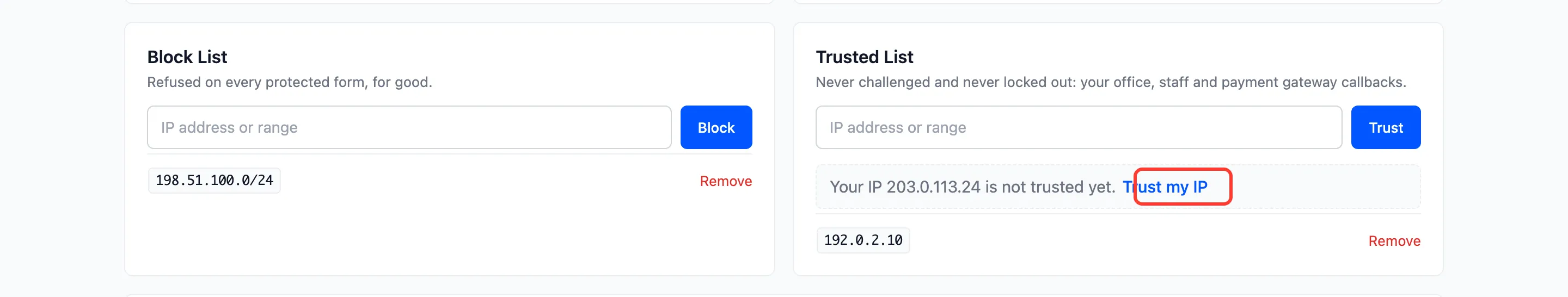 The Trust my IP link under the Trusted List