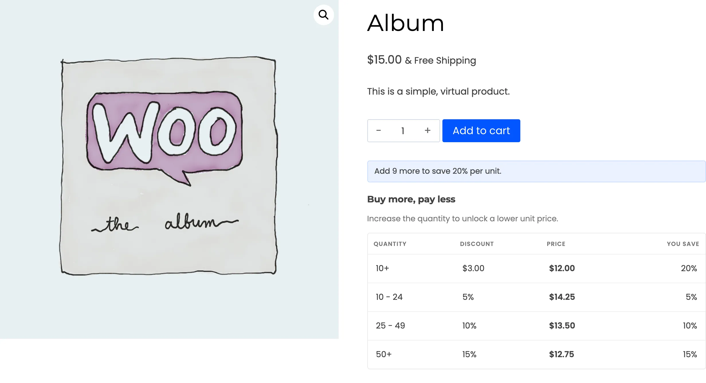 The Album pricing table with a 10+ row at the fixed price of $12.00