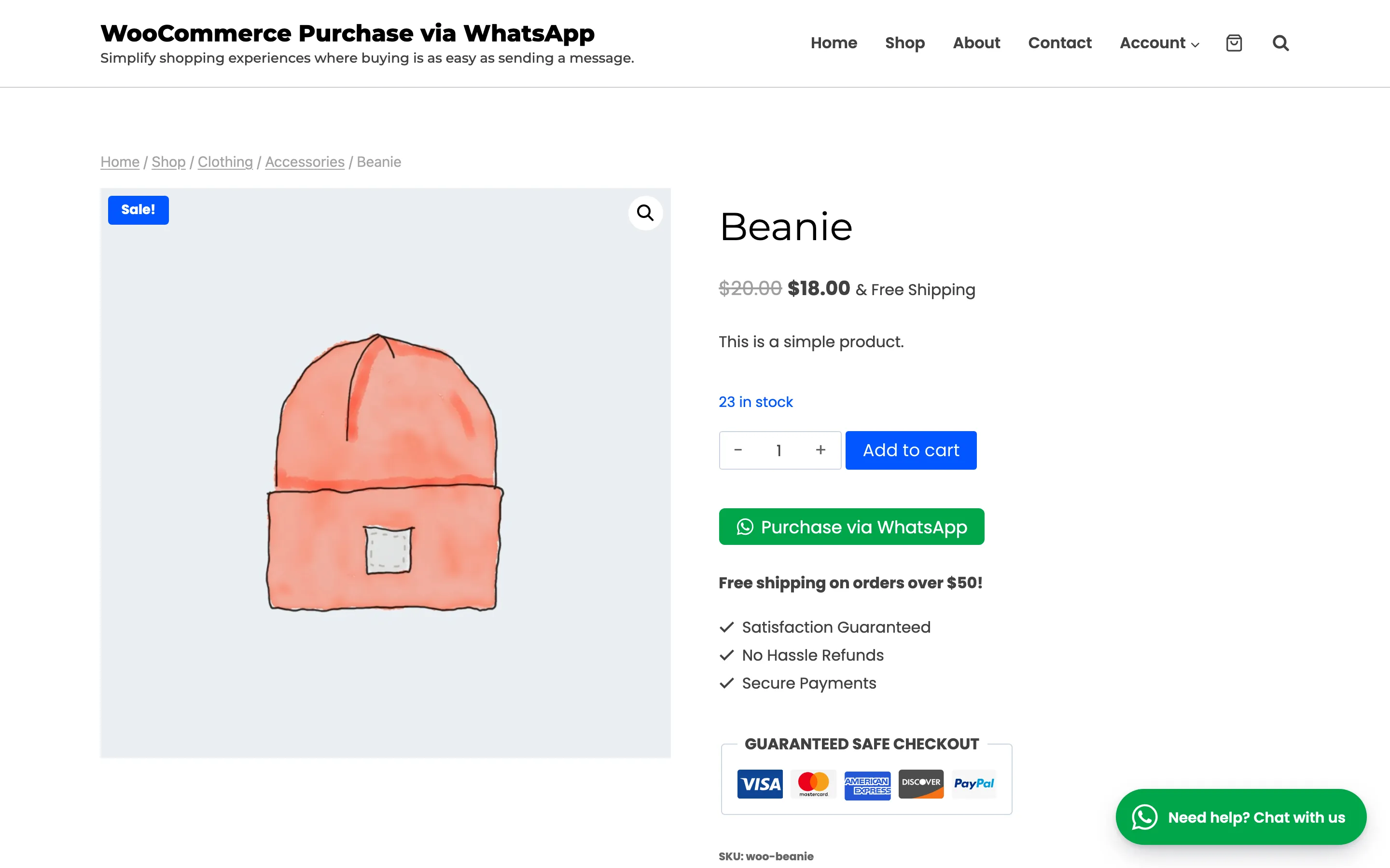 A product page with the Need help? Chat with us bubble in the bottom right corner