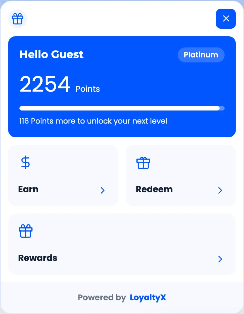 The open LoyaltyX floating rewards widget panel on the front end