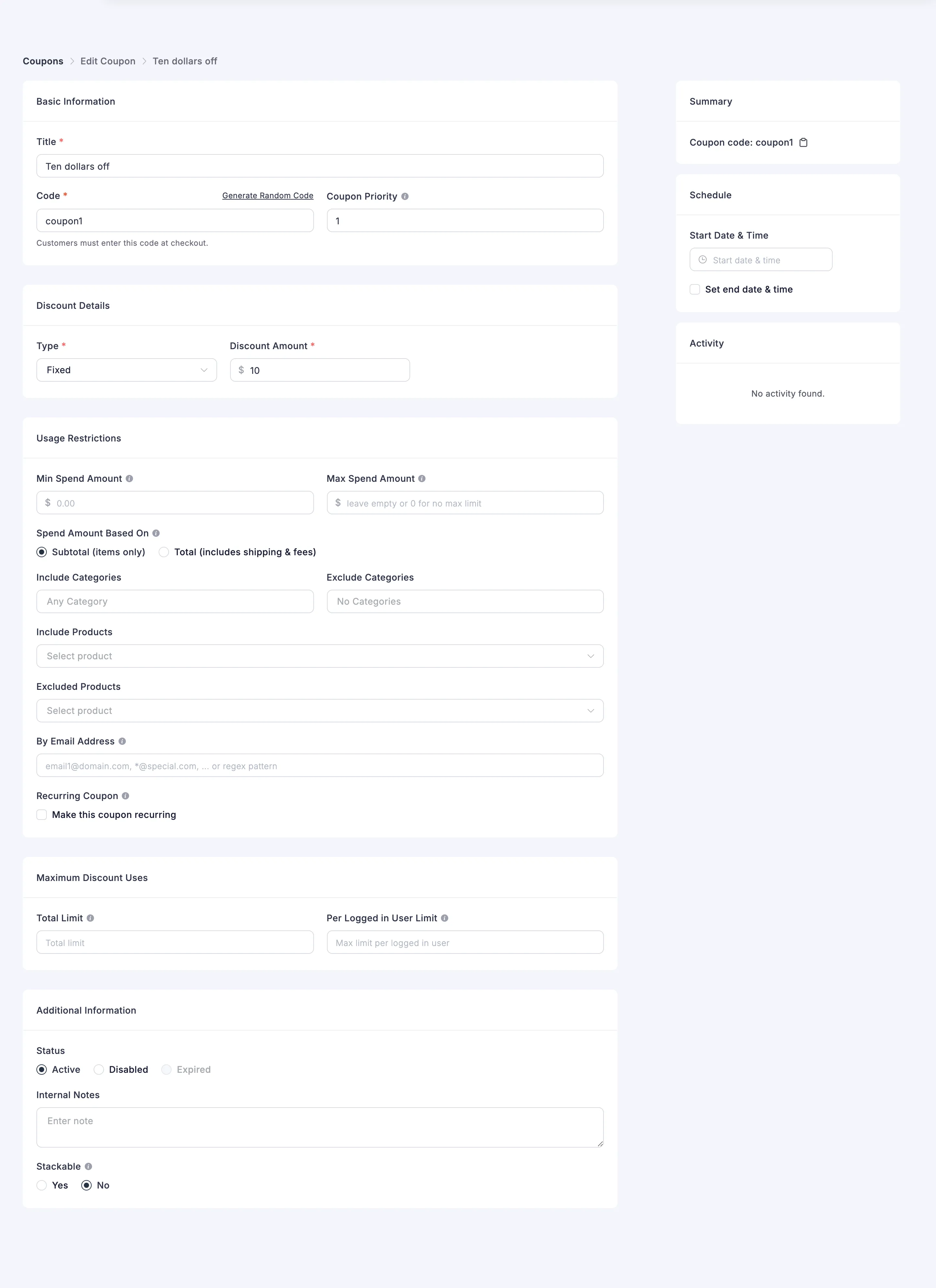 The FluentCart coupon edit screen with the code, discount type and amount fields