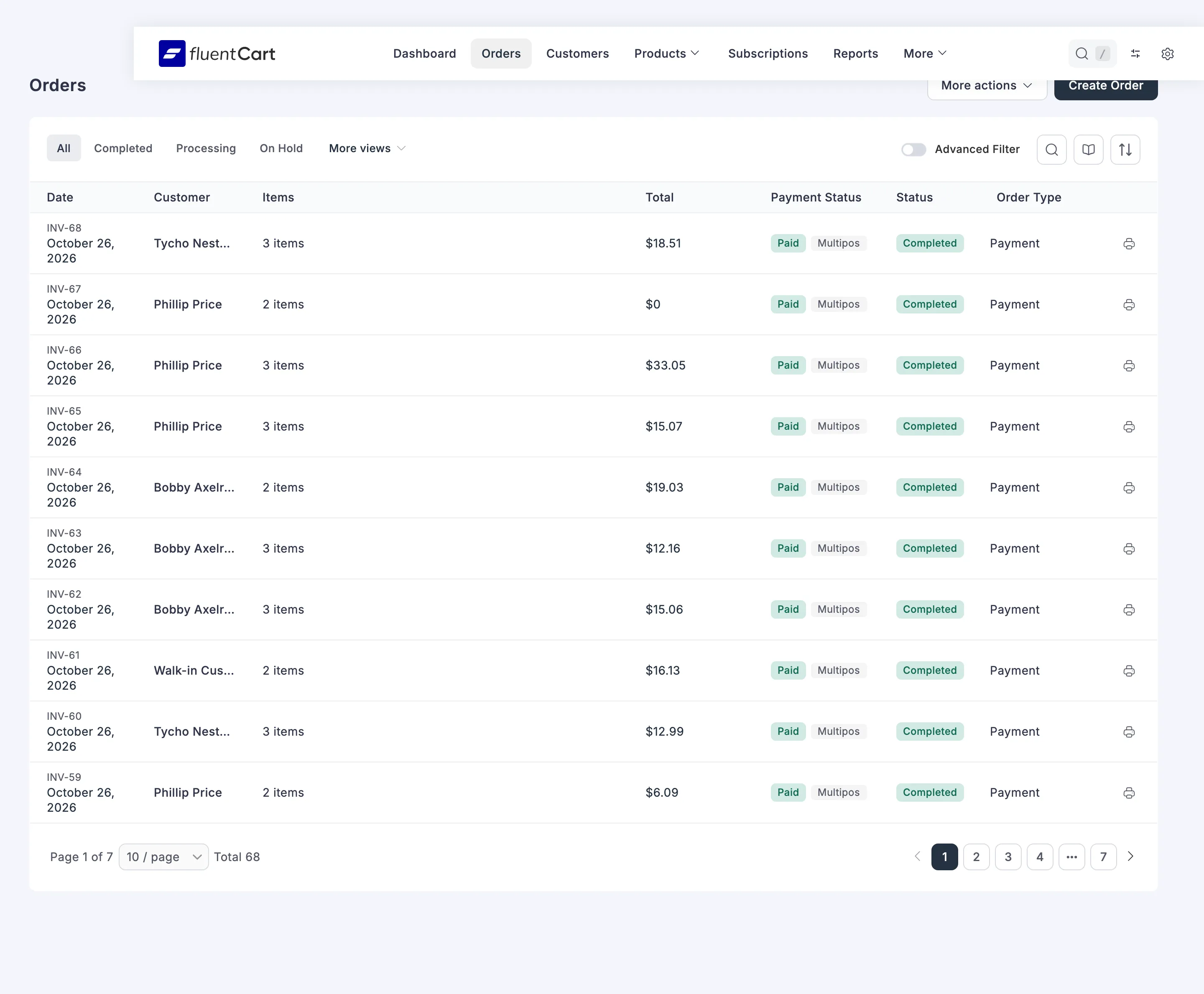 The FluentCart orders list with a POS sale among the website orders