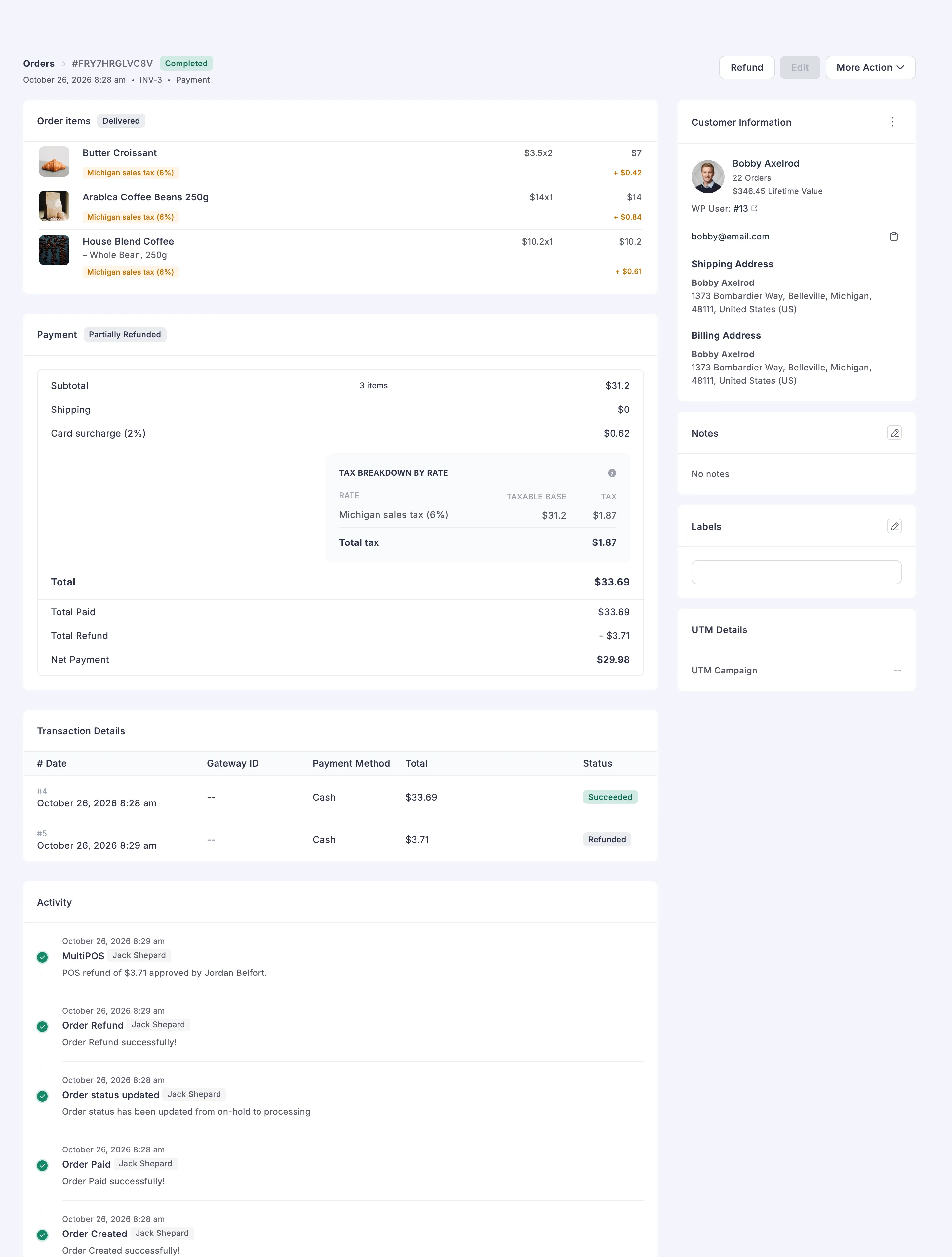 A POS order opened in FluentCart with its refund recorded