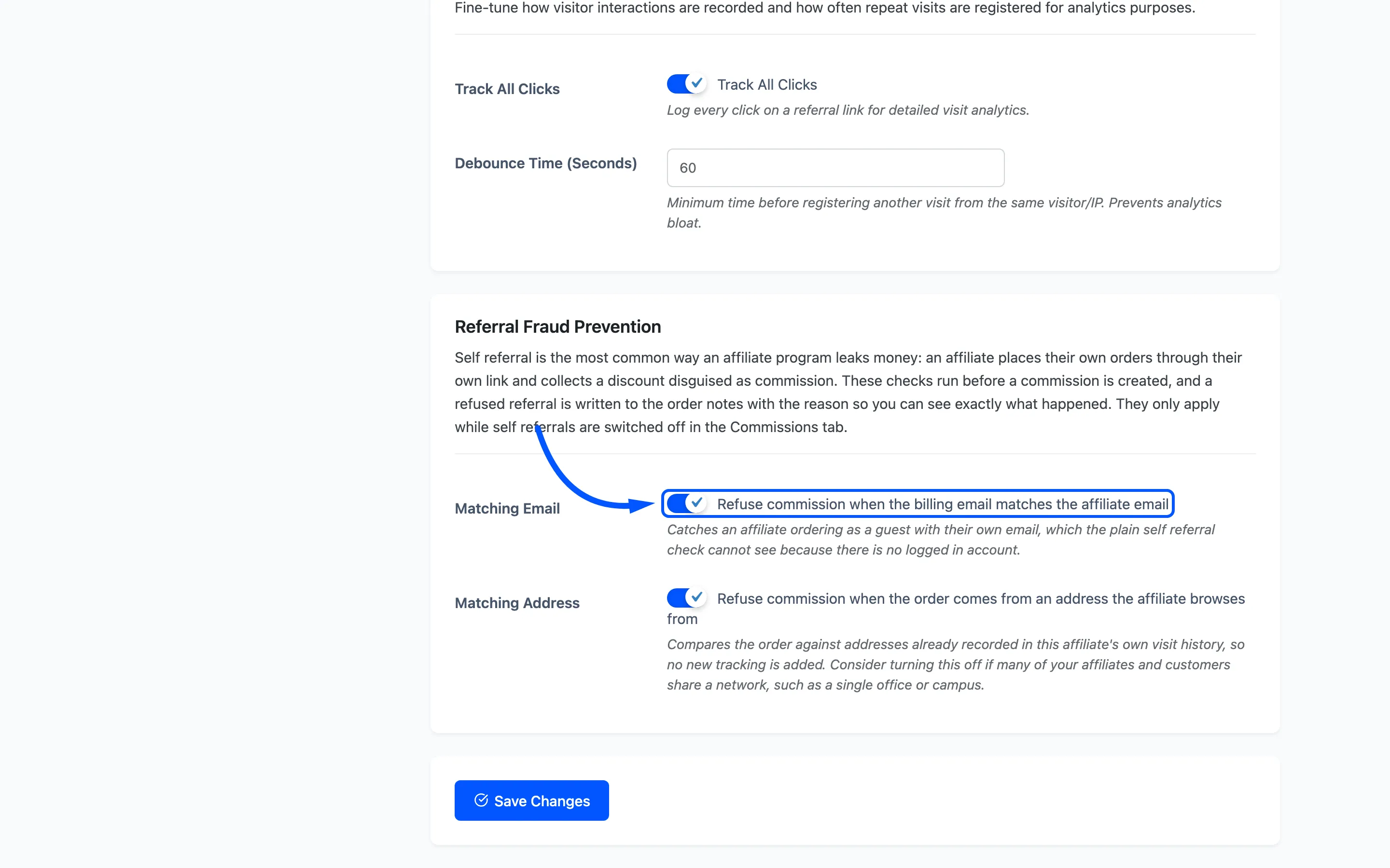 The Matching Email checkbox highlighted