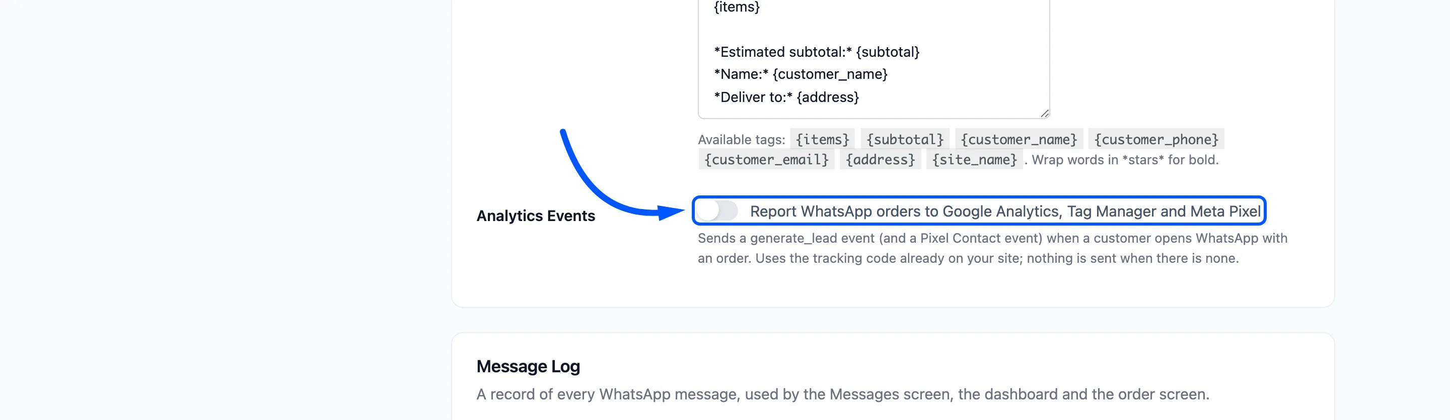 The Analytics Events checkbox boxed on the General tab