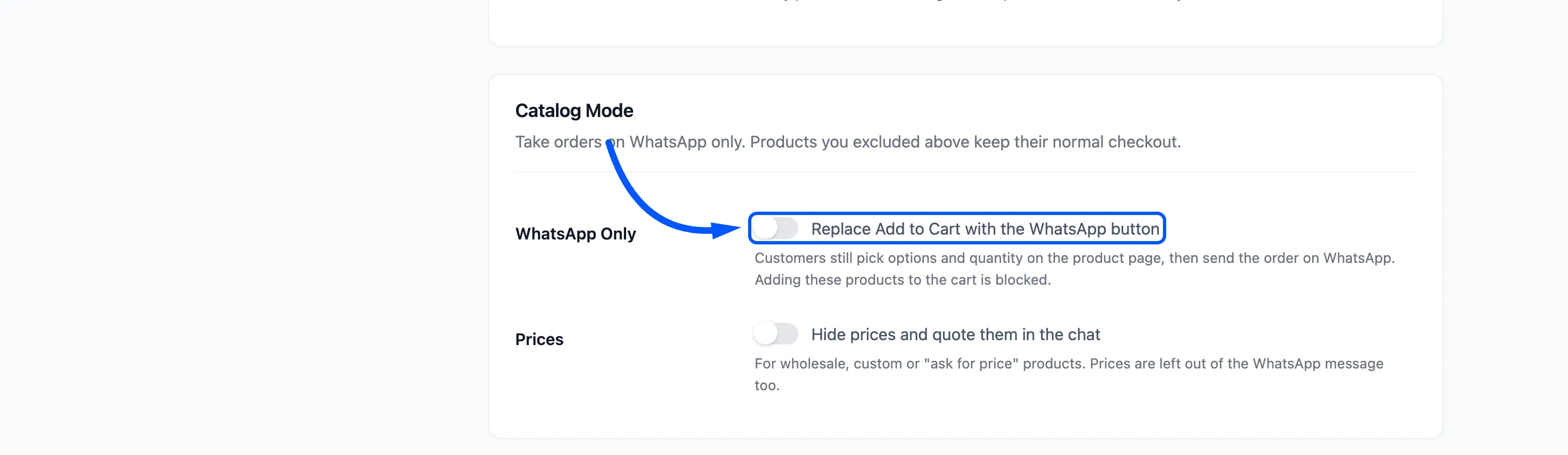 The WhatsApp Only checkbox boxed in the Catalog Mode section
