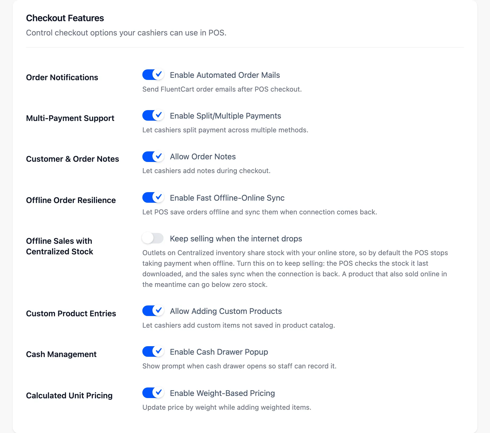 The Checkout Features section of the General tab