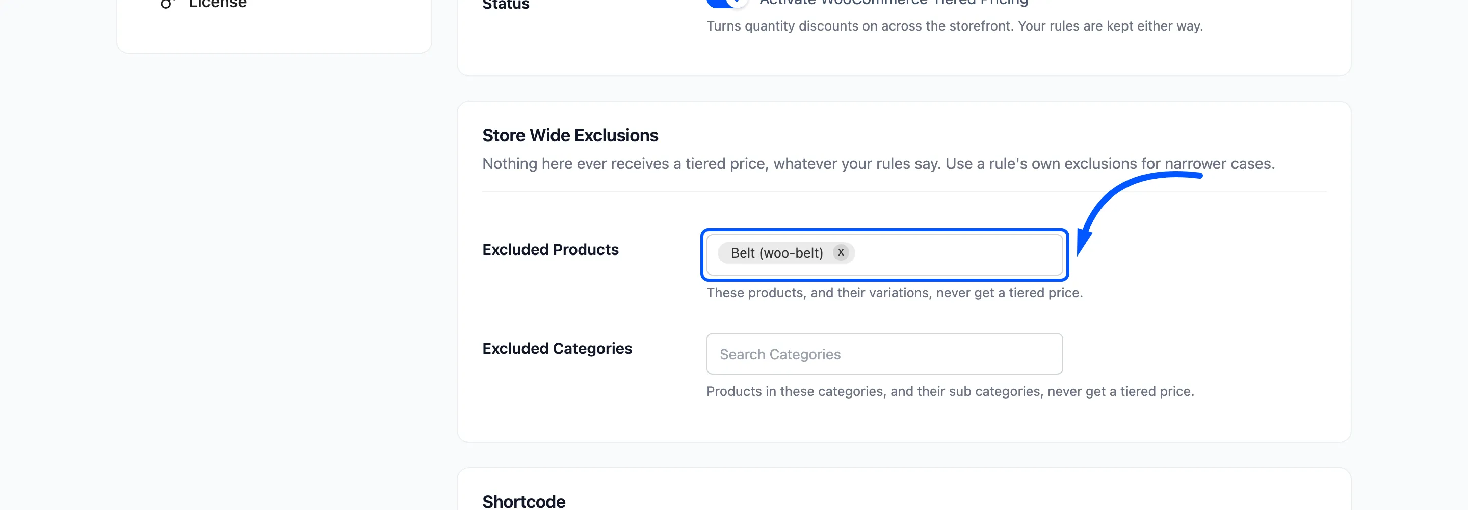 The Excluded Products field on the General tab, holding the Belt