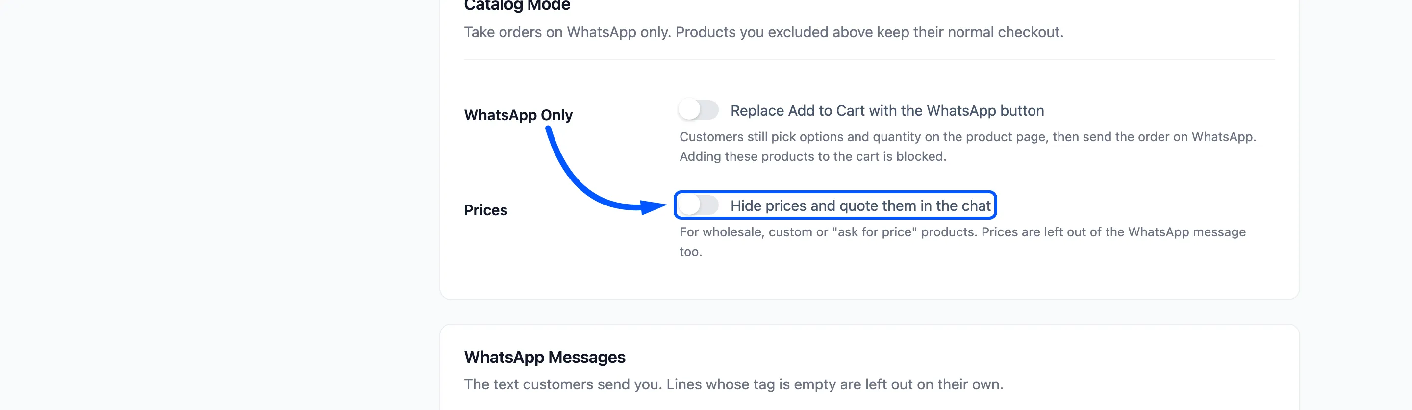 The Prices checkbox boxed in the Catalog Mode section