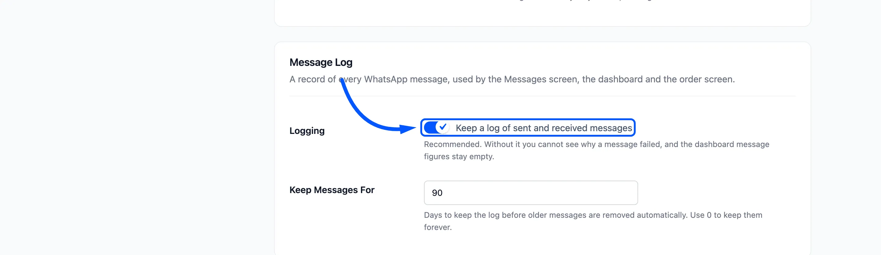 The Logging checkbox boxed in the Message Log section