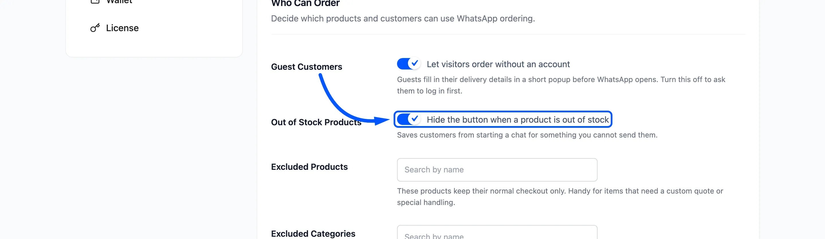 The Out of Stock Products checkbox boxed on the General tab