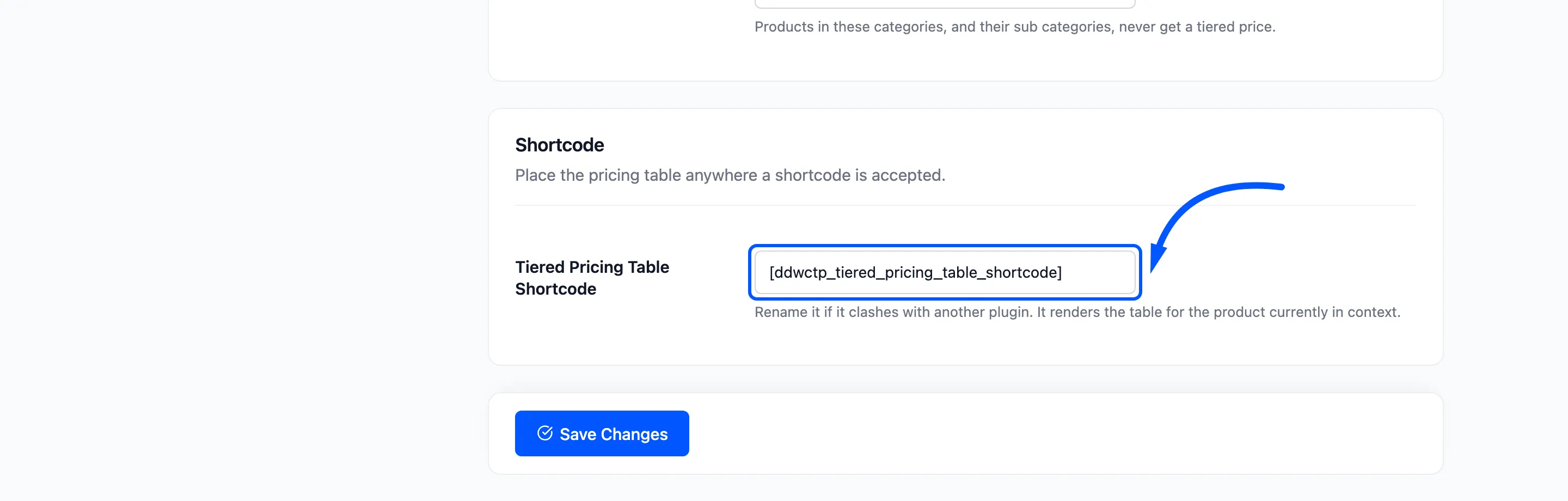 The Tiered Pricing Table Shortcode field boxed on the General tab