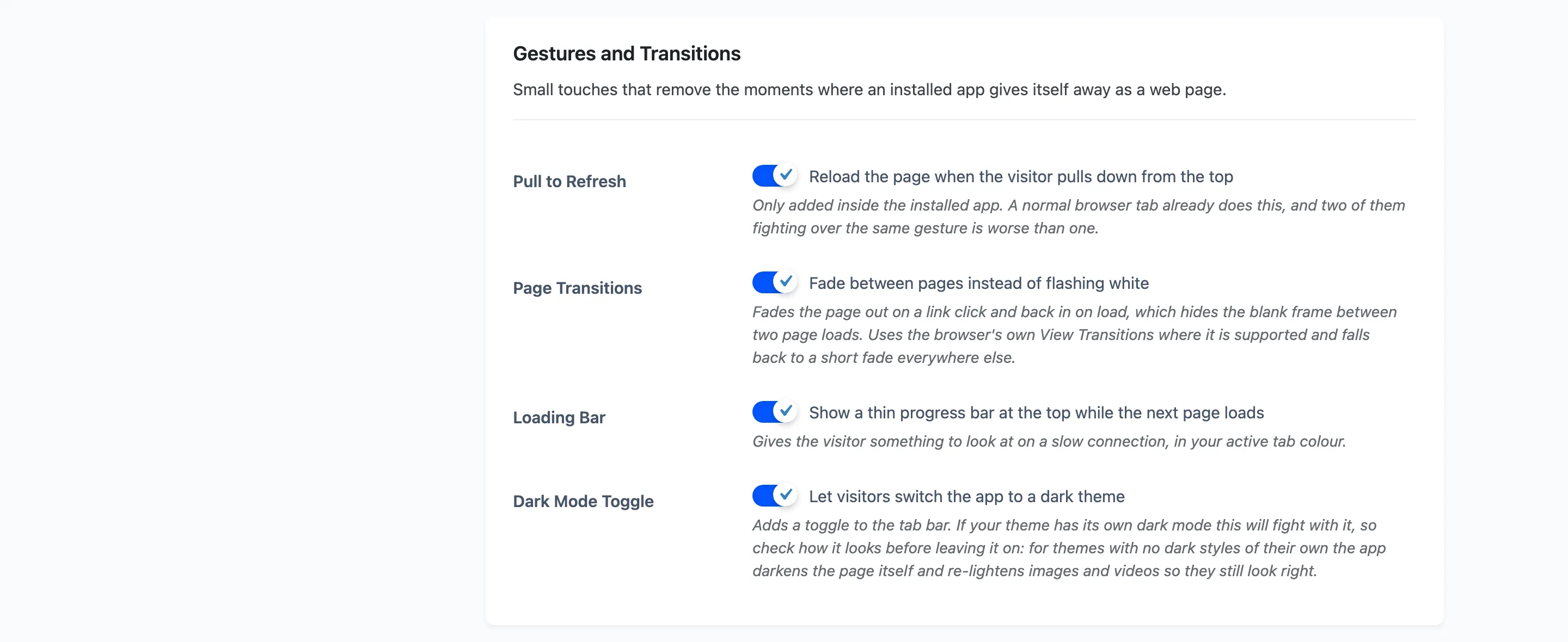 The Gestures and Transitions section