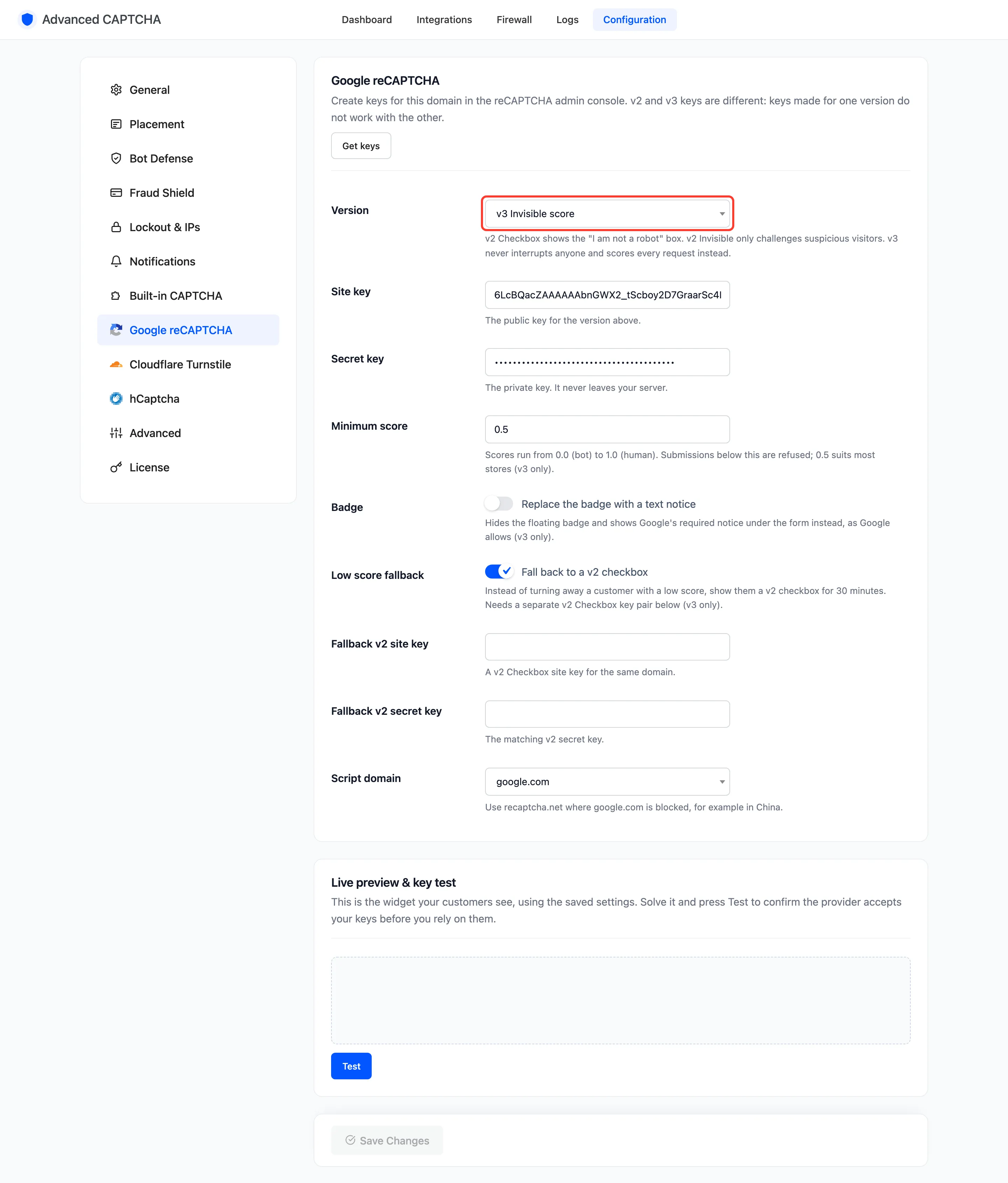 The Google reCAPTCHA tab with v3 selected