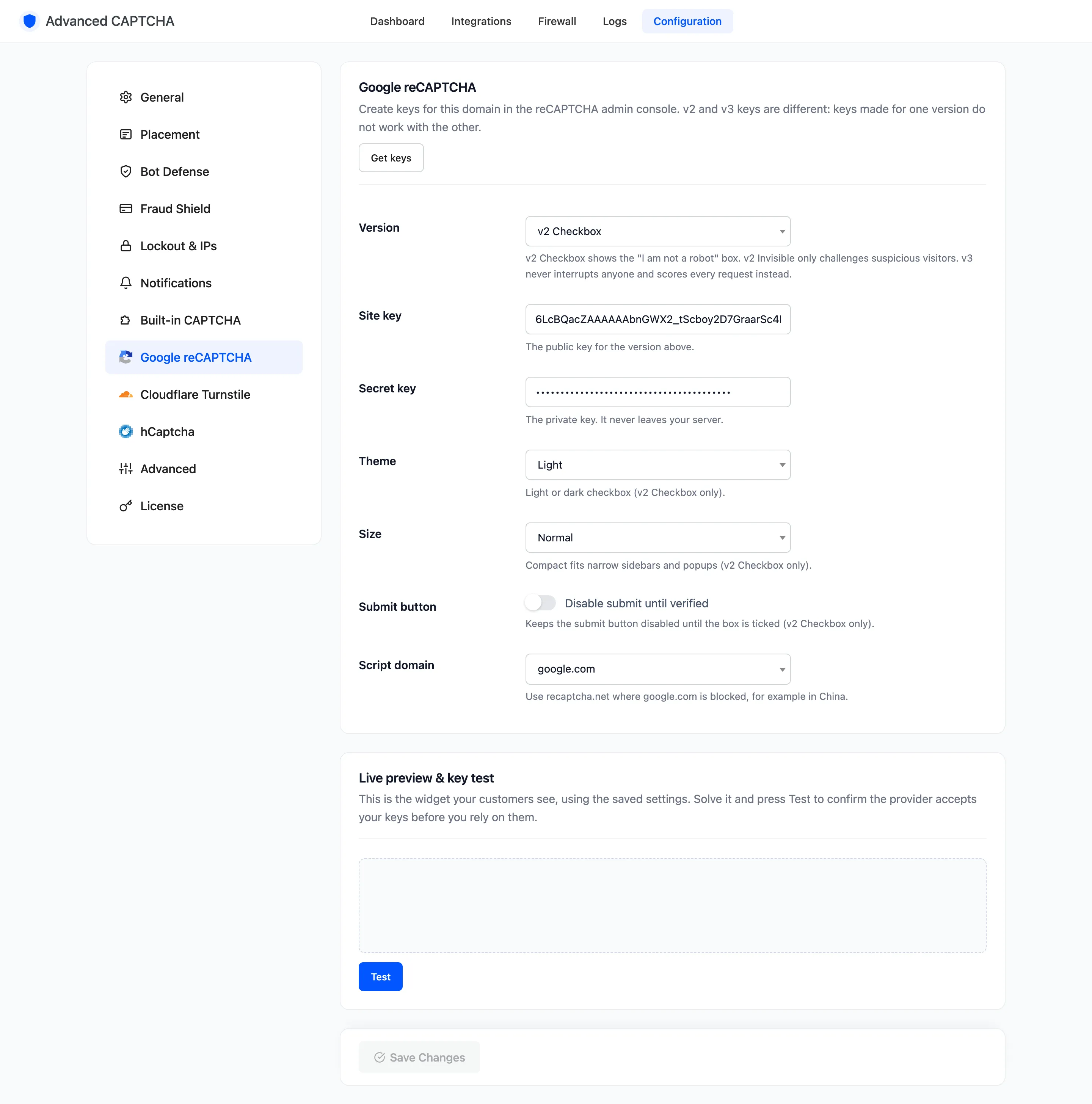 The Google reCAPTCHA tab with v2 Checkbox