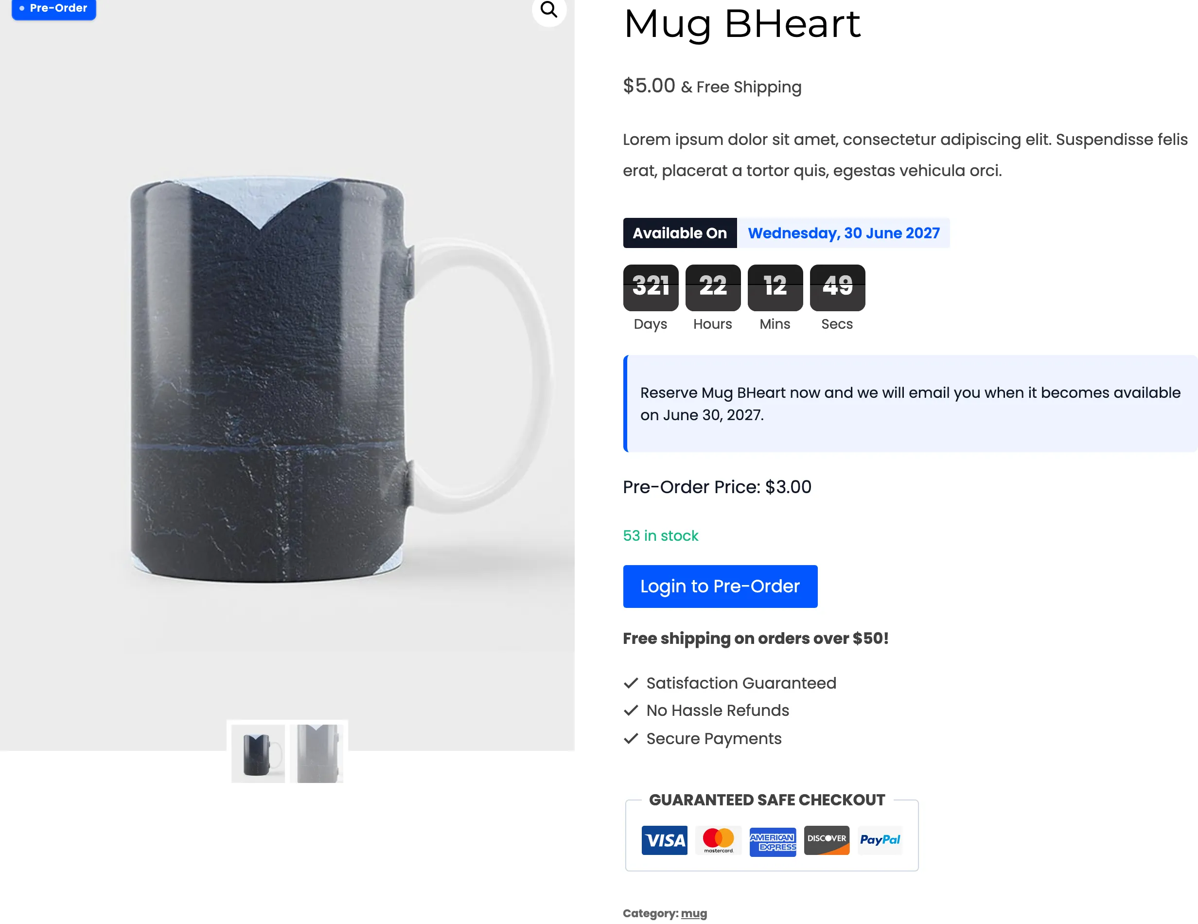 A pre-order product page a guest sees with the restriction on