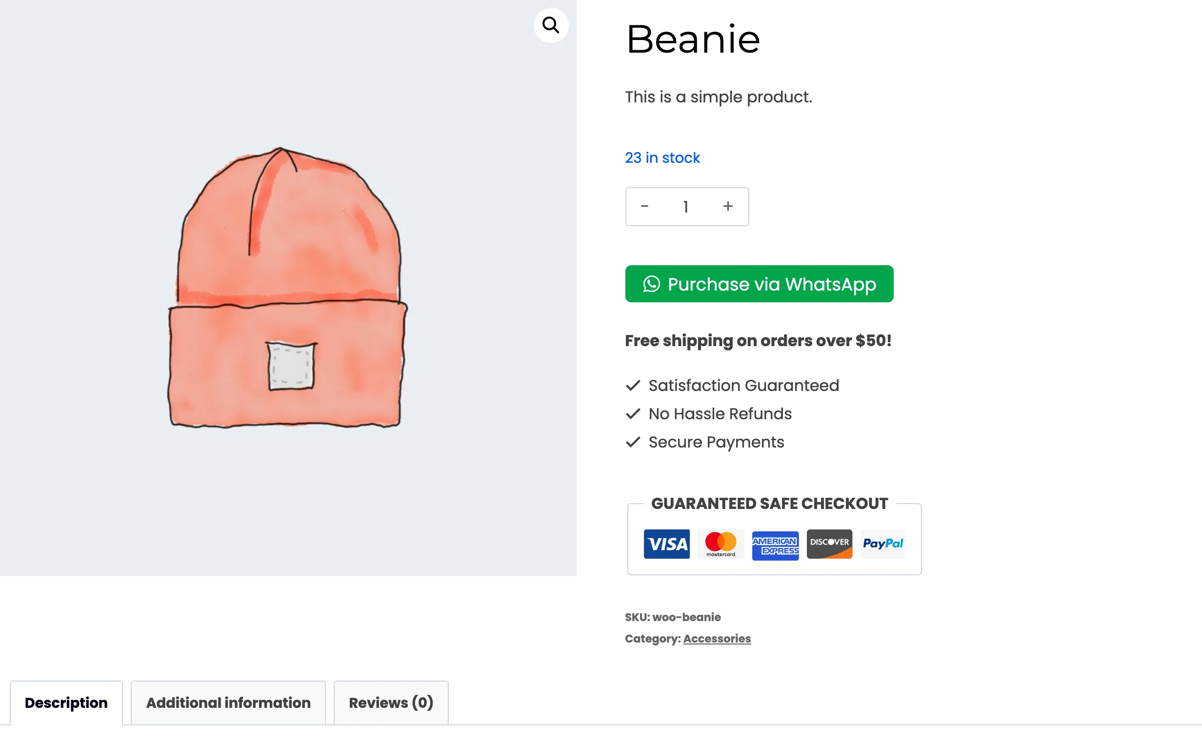 A product page with no price and only the WhatsApp button