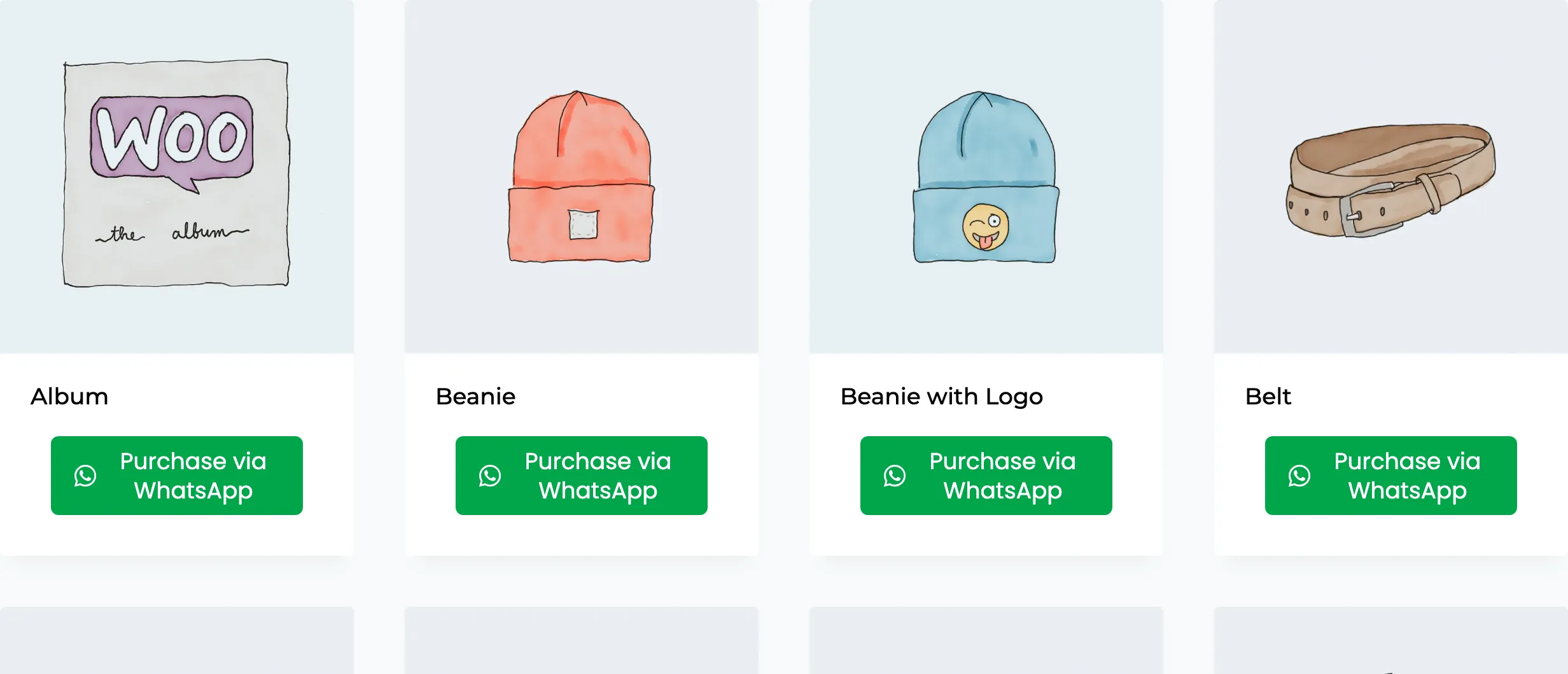 Shop cards with no prices and the WhatsApp button