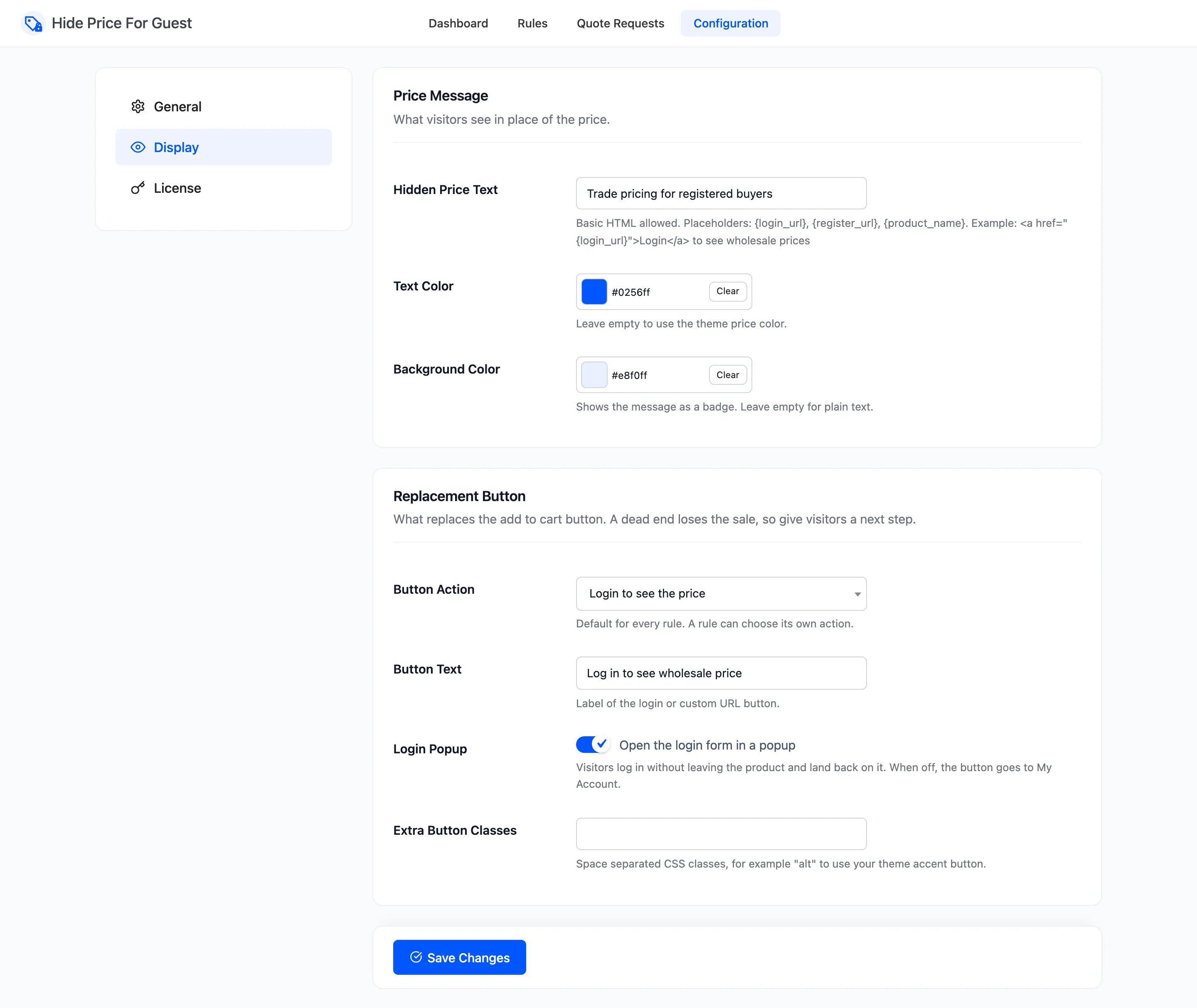 The Display tab with the login action