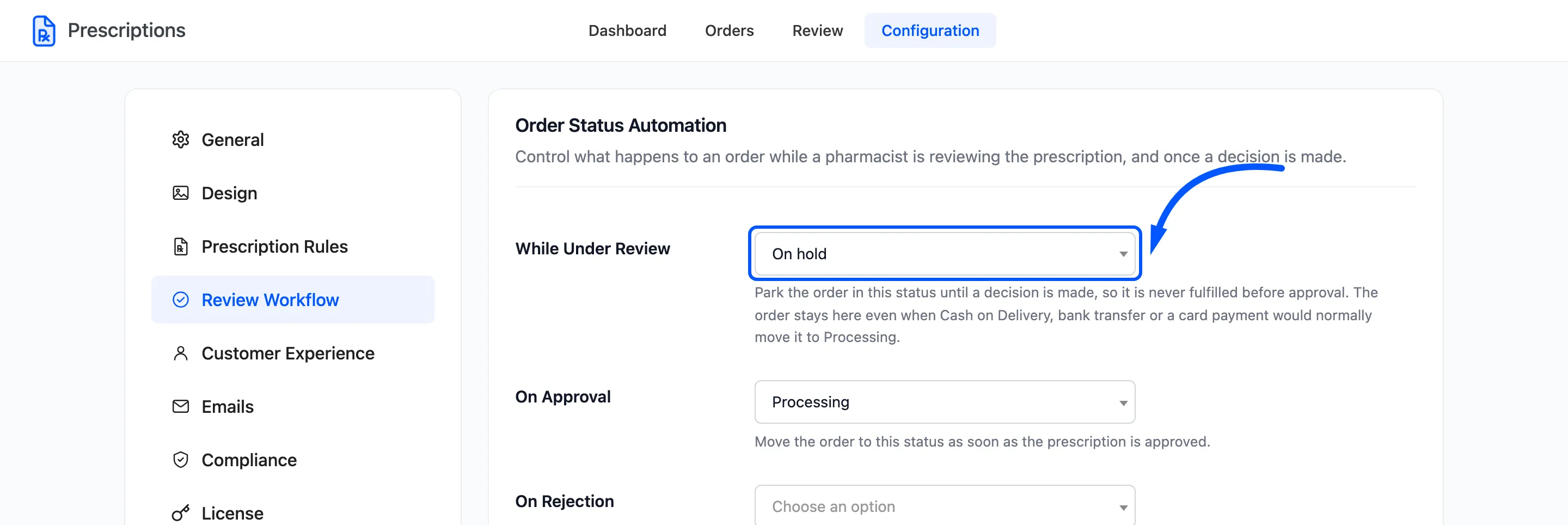 The While Under Review field set to On hold