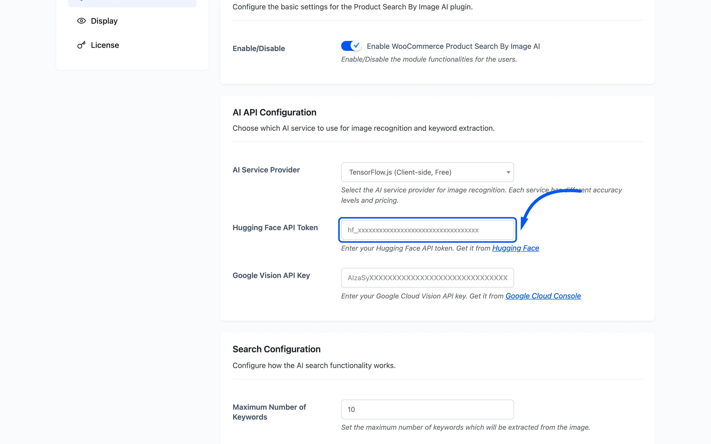 The Hugging Face API Token field
