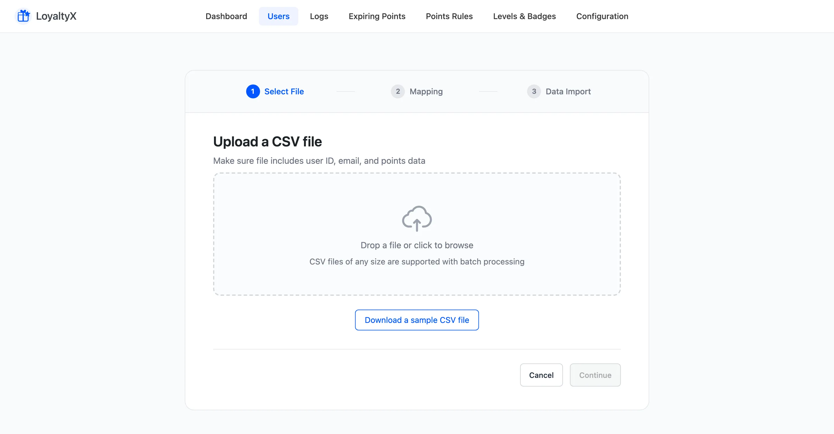 The LoyaltyX Import screen with a CSV upload area and sample file link
