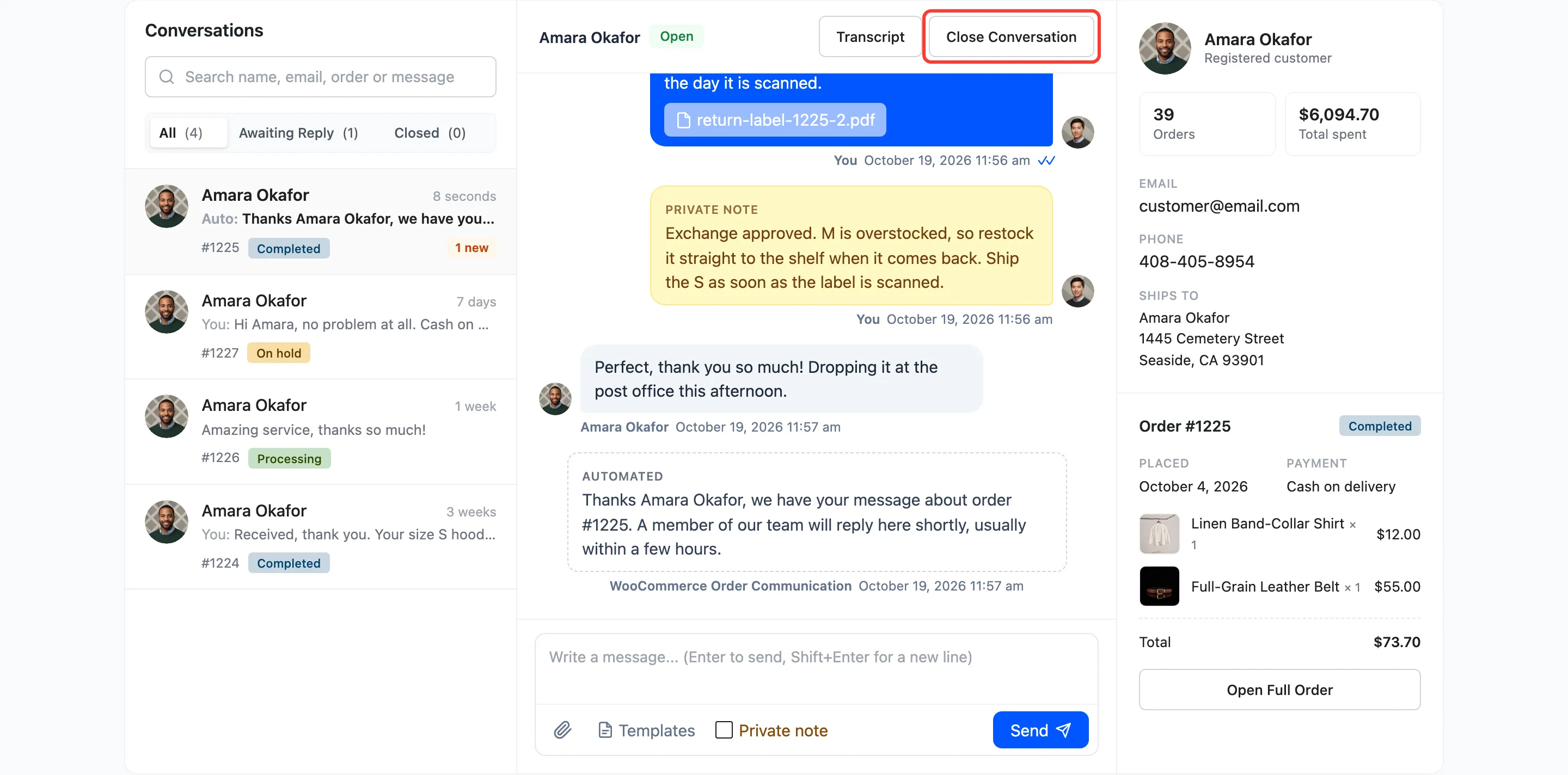The Close Conversation button in the thread header