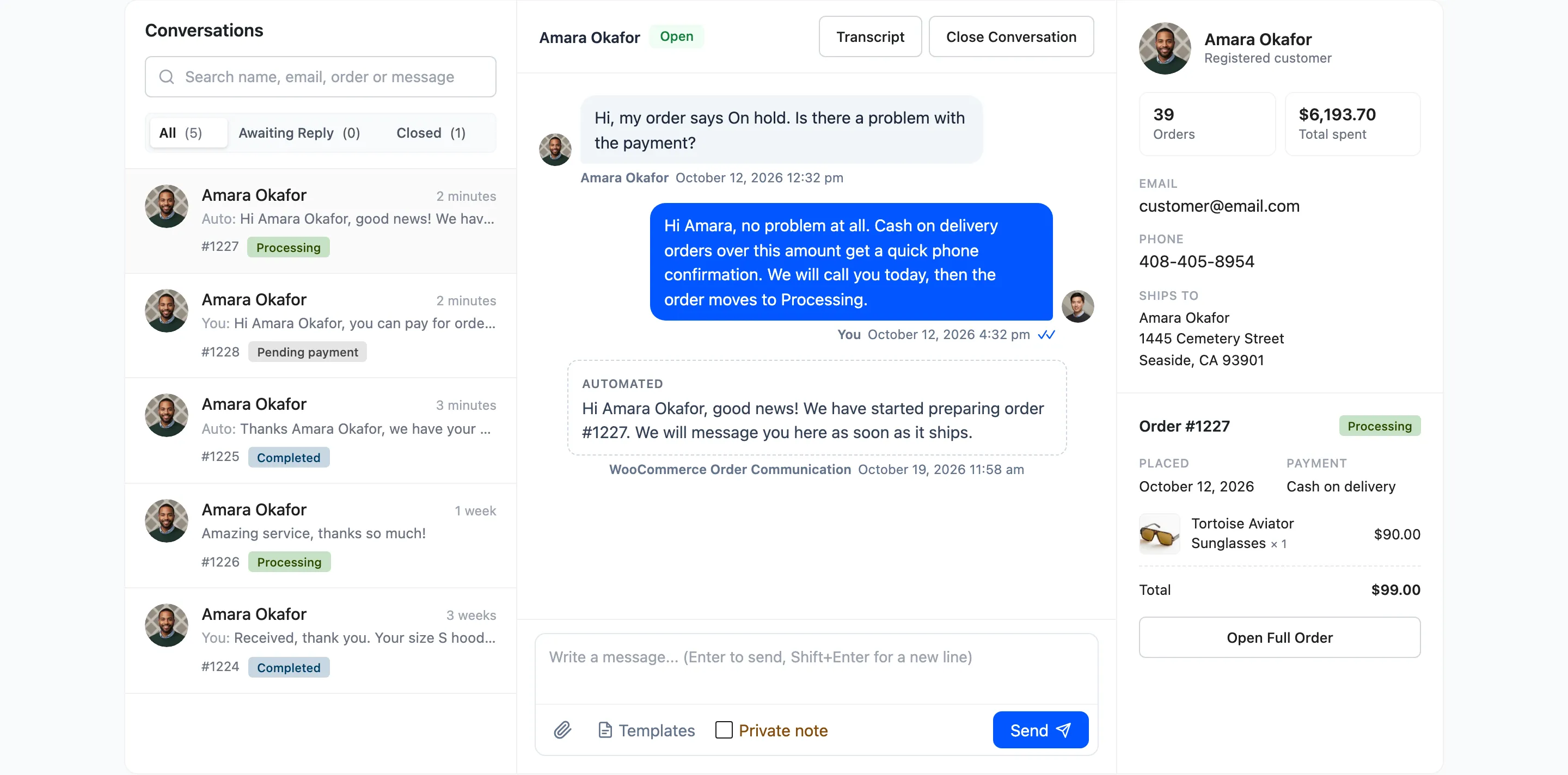 The status message posted into the conversation in the Inbox