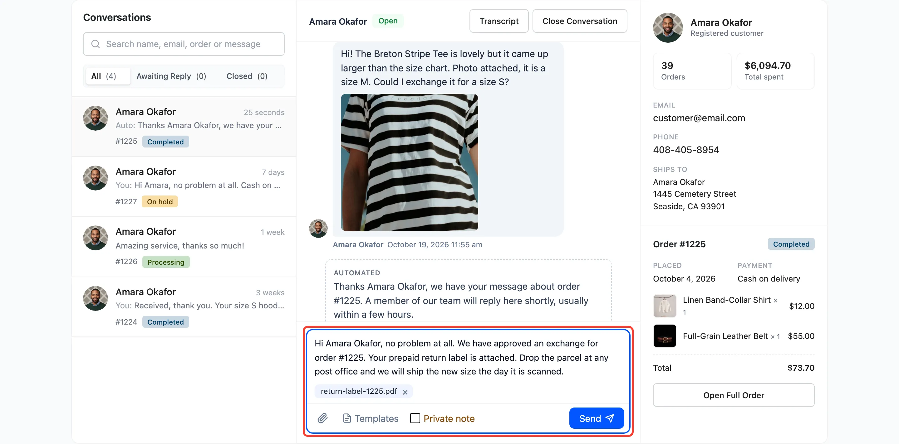 The composer with a saved reply inserted and a PDF attached