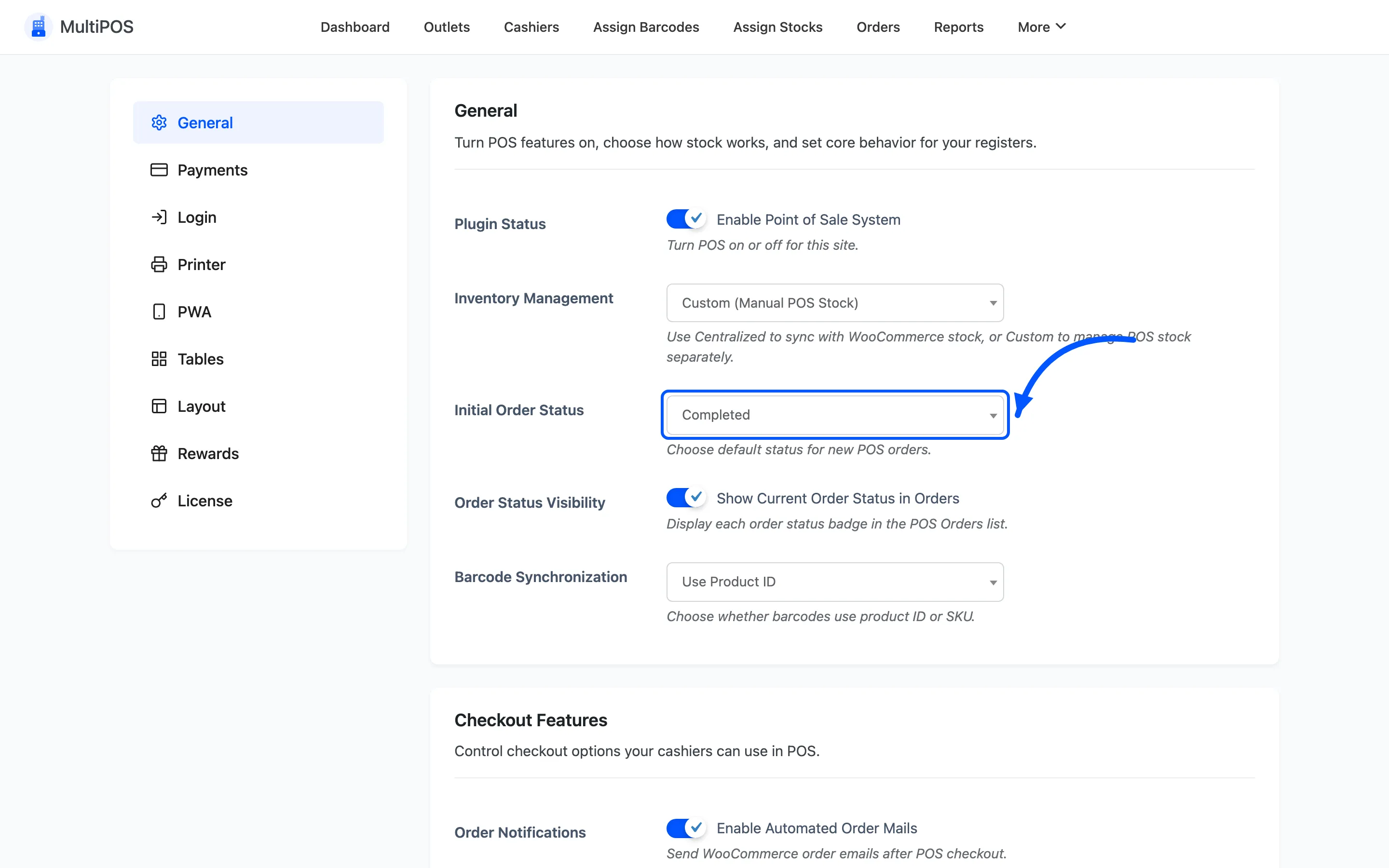 The Initial Order Status dropdown on the General tab