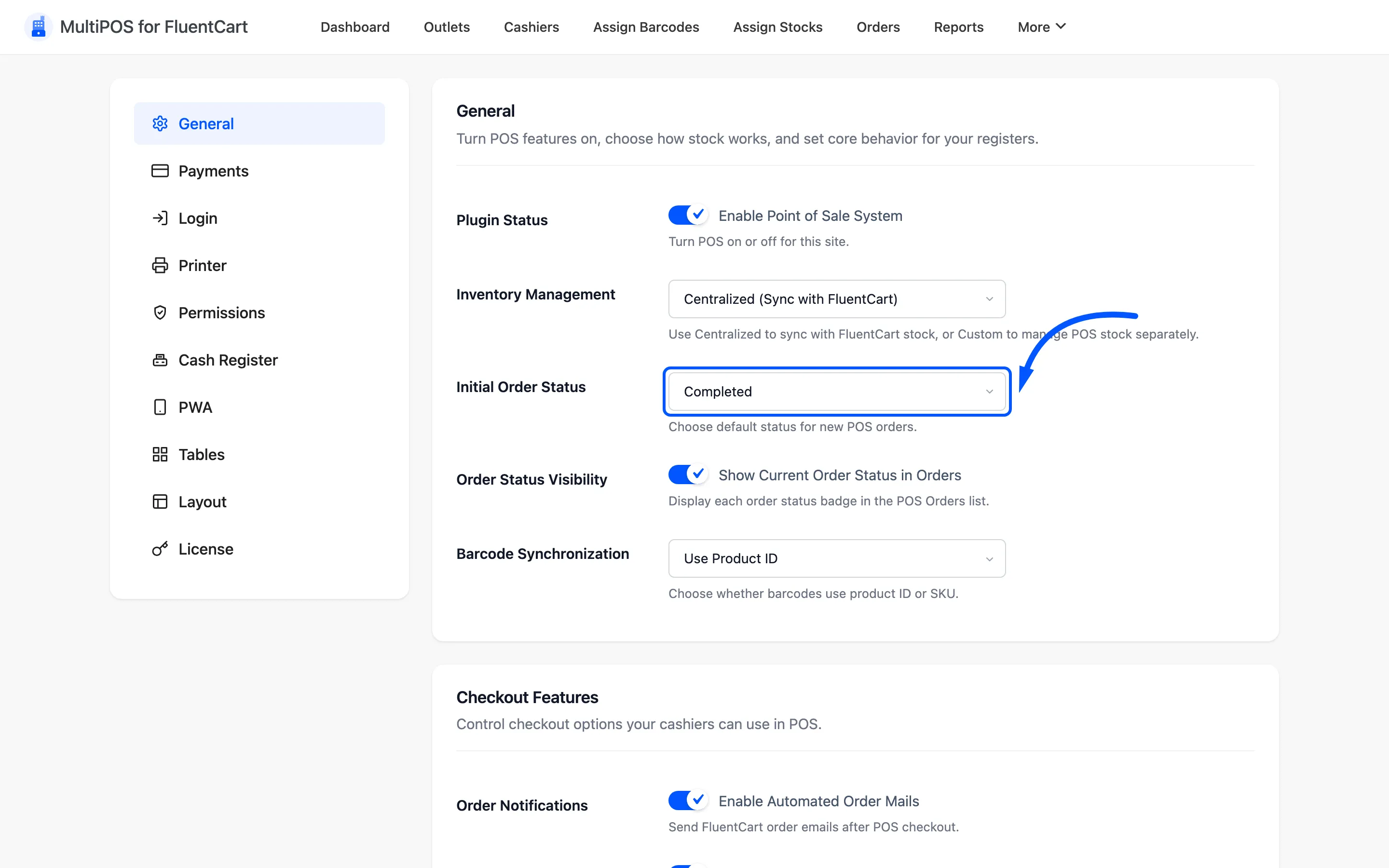 The Initial Order Status dropdown on the General tab