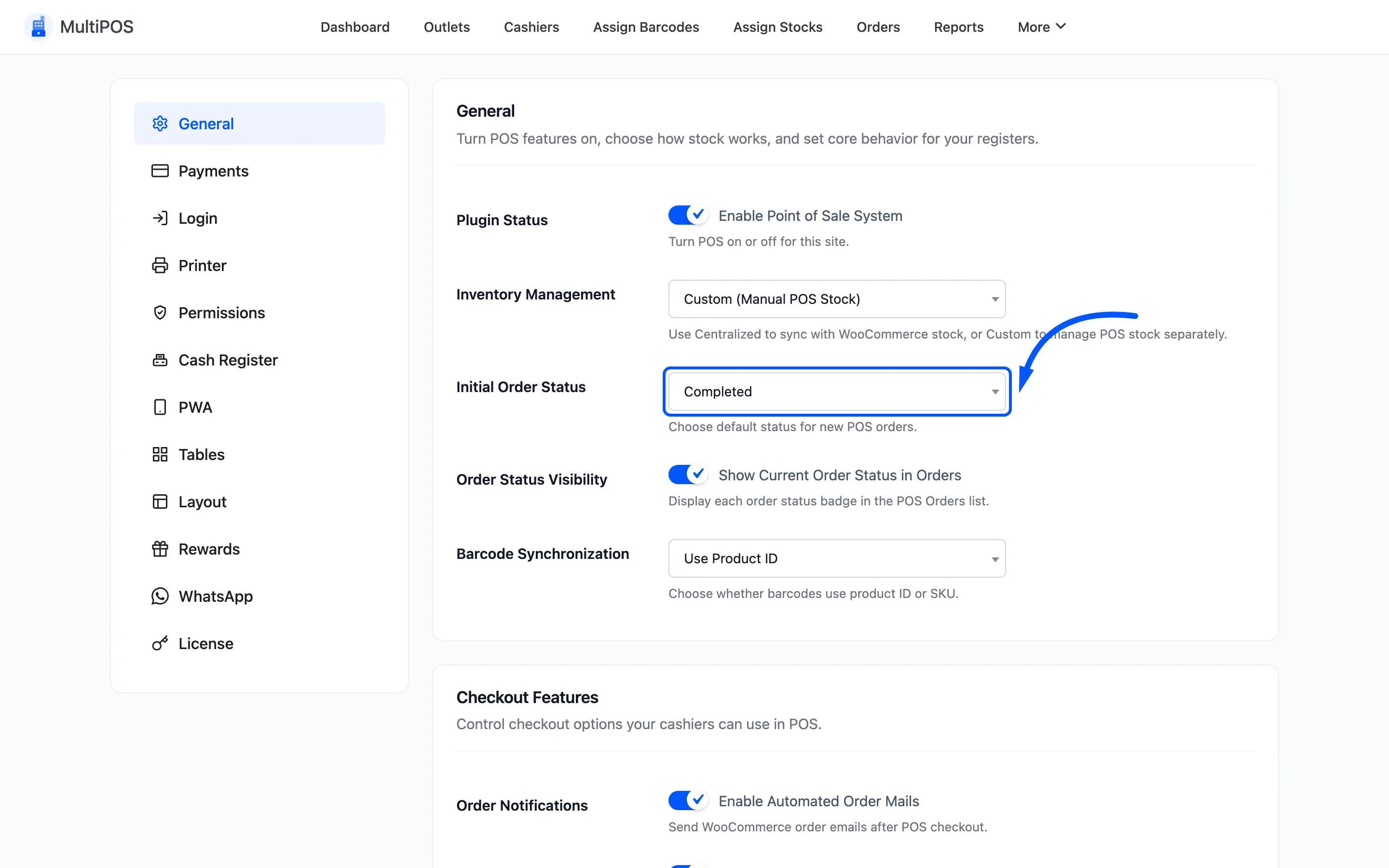 The Initial Order Status dropdown on the General tab