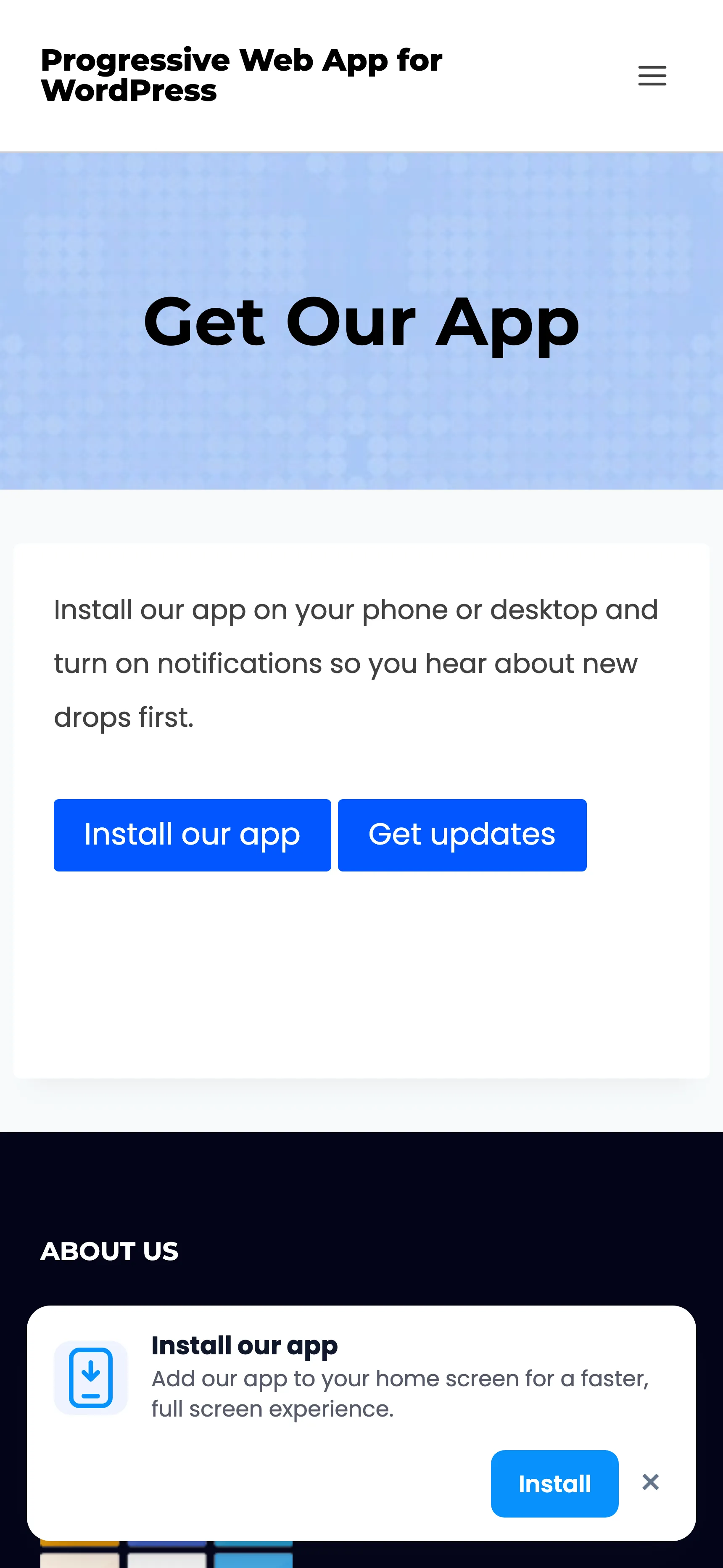 The install banner on an Android phone, with the Install button on its own row