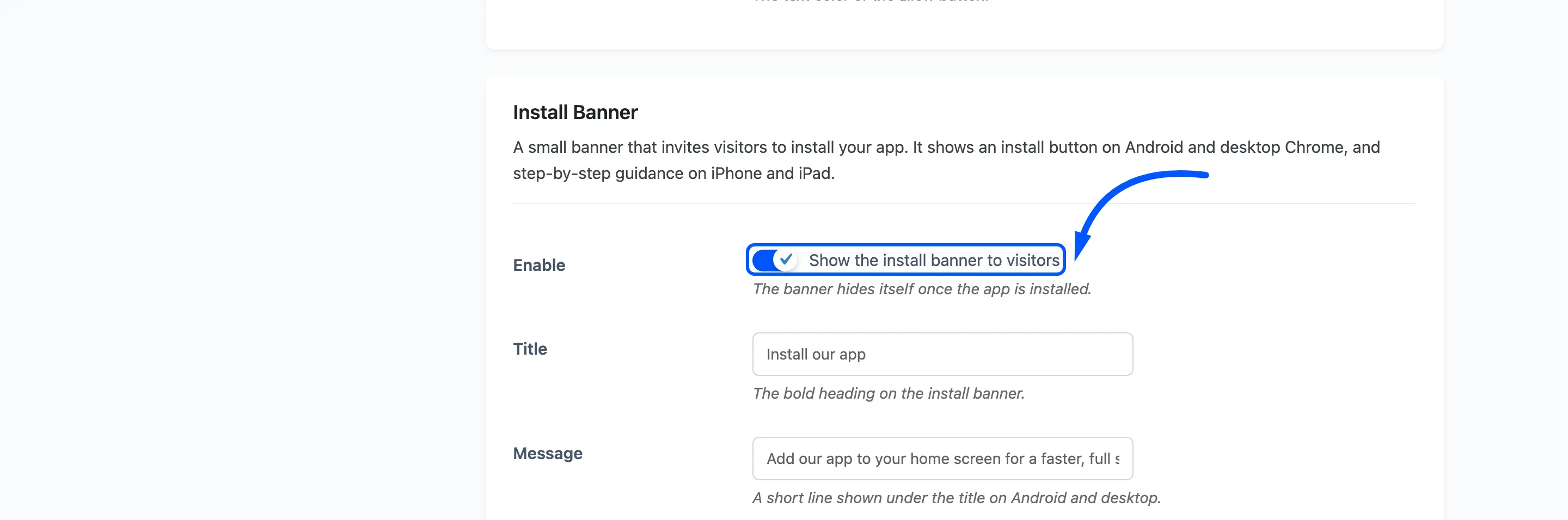 The install banner Enable switch