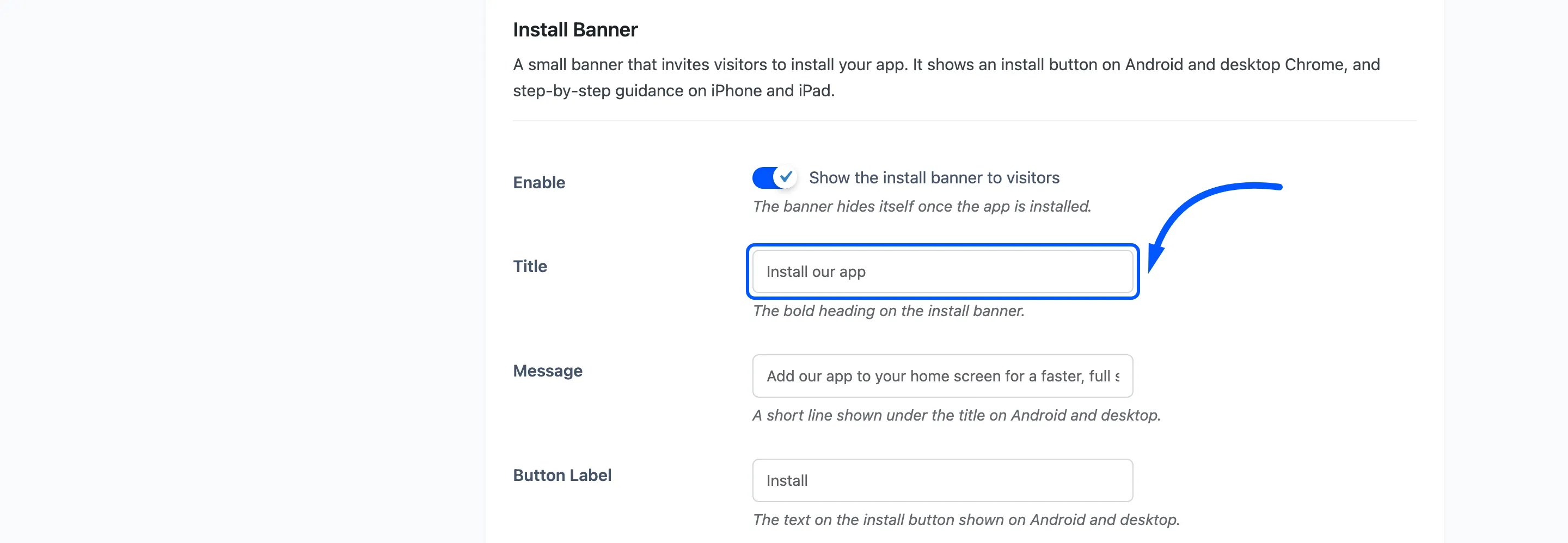 The install banner Title field