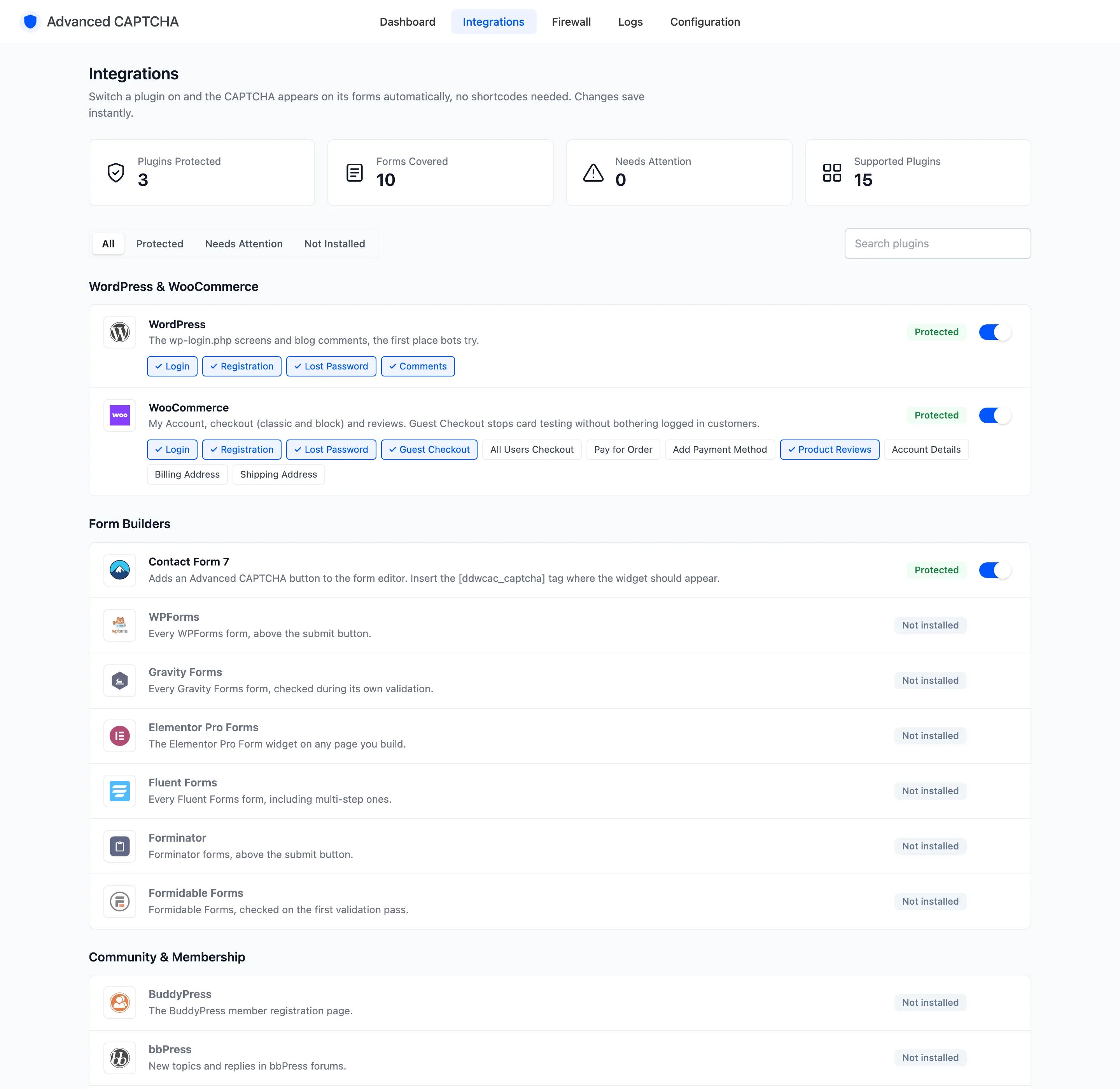 The Integrations screen filtered to Not Installed
