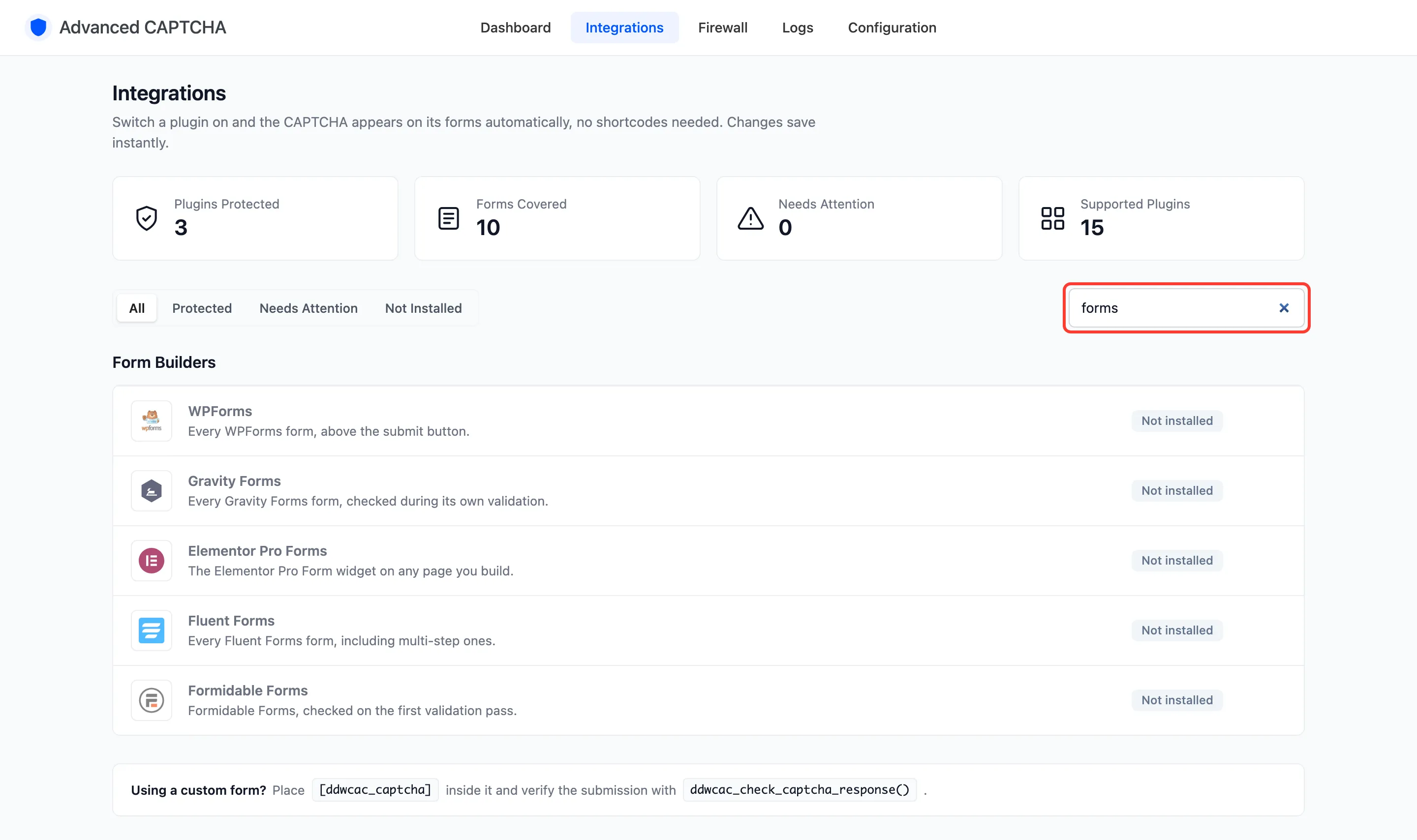The Integrations screen filtered by the word forms
