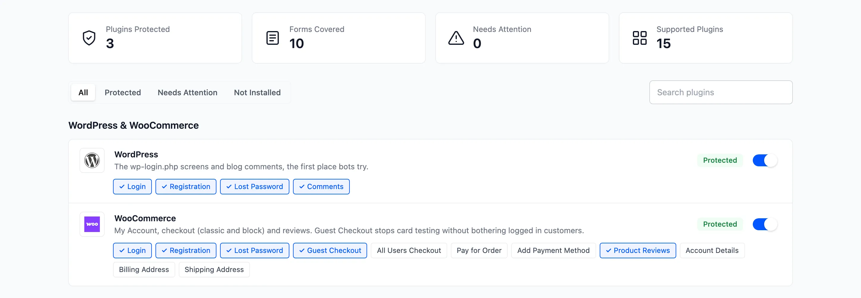The WordPress and WooCommerce cards with their form chips