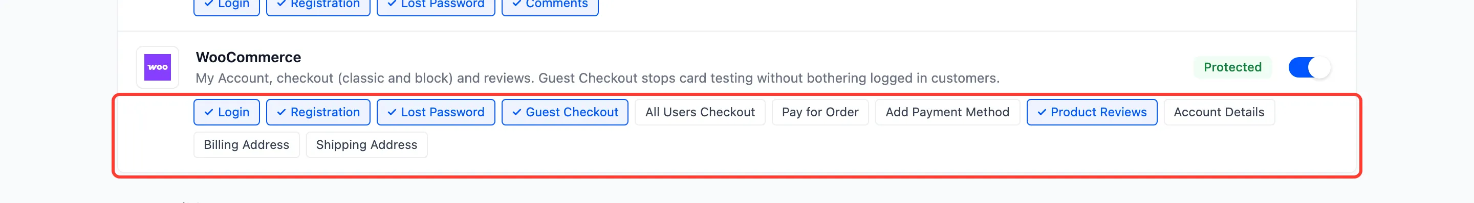 The WooCommerce card’s eleven form chips