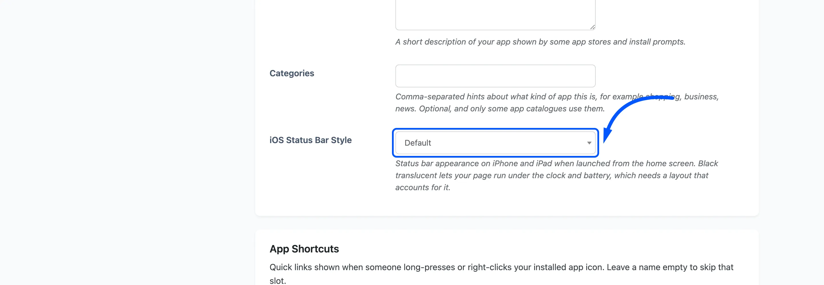 The iOS Status Bar Style field