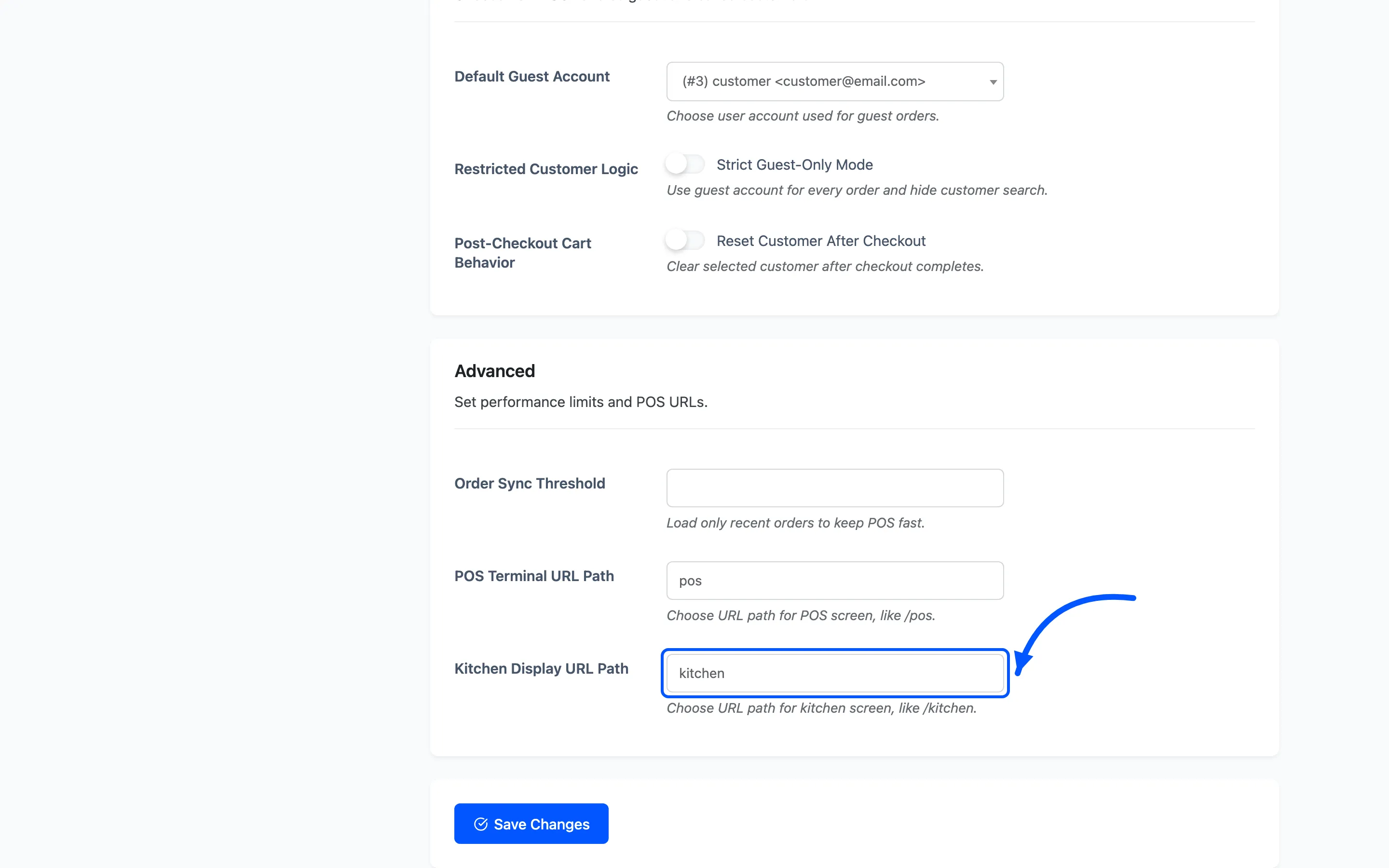 The Kitchen Display URL Path field on the General tab