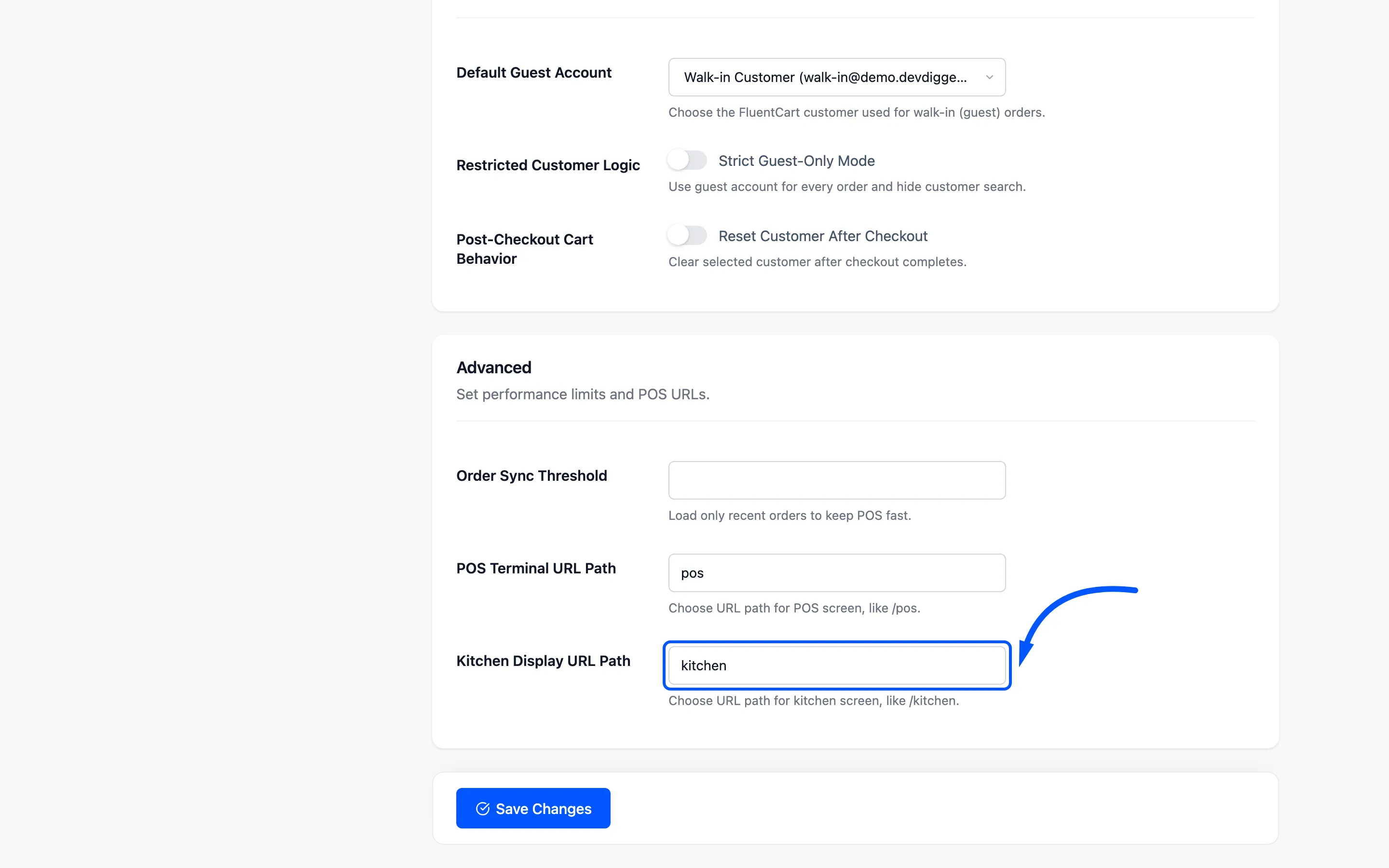 The Kitchen Display URL Path field on the General tab