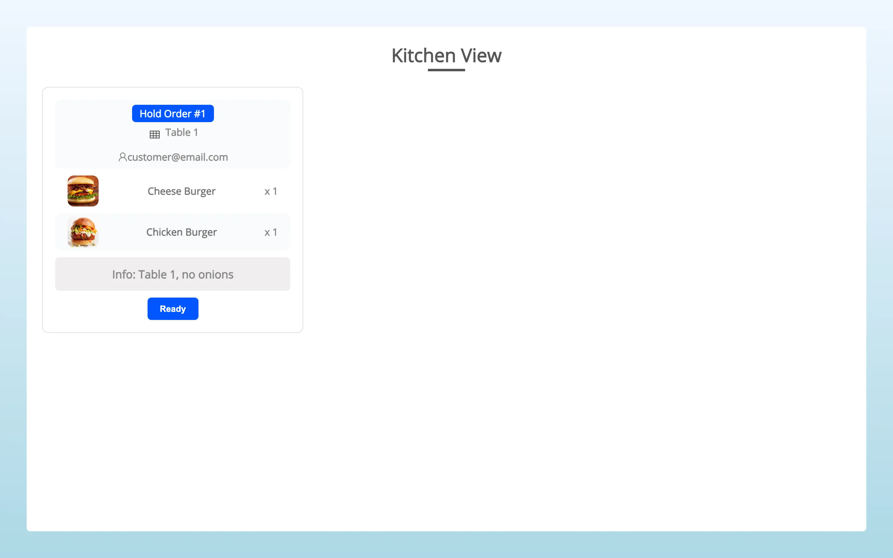 The Kitchen Display with one order card waiting to be prepared