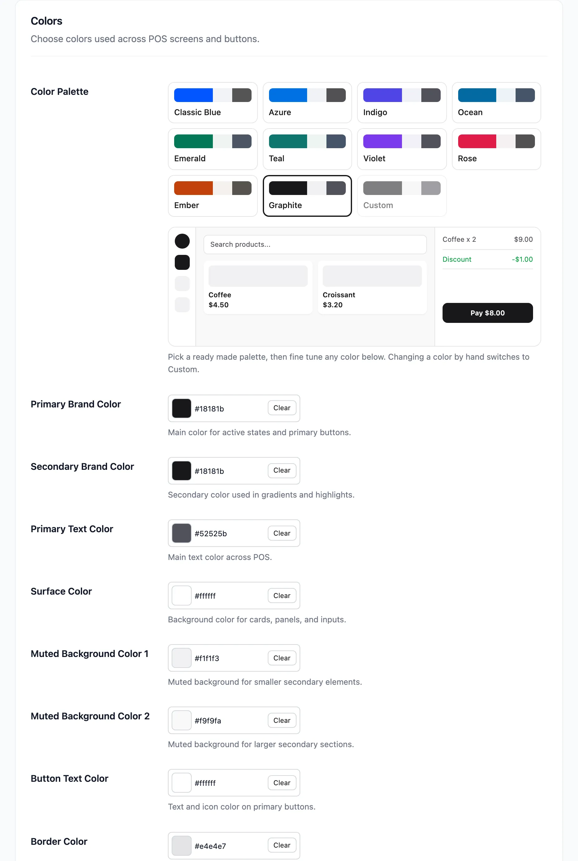 The Colors section with the palette swatches, the live preview and the nine colour pickers