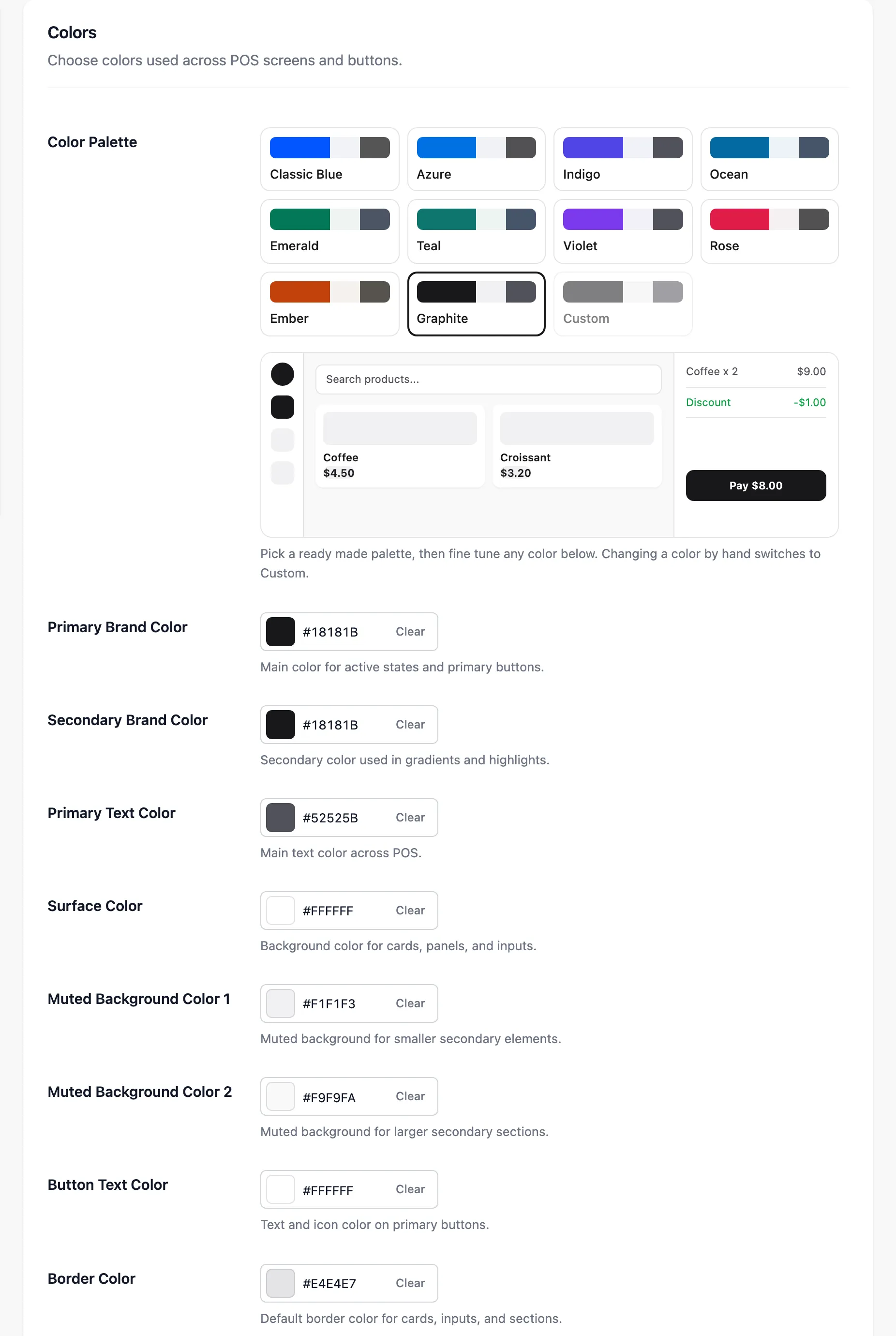 The Colors section with the palette swatches, the live preview and the nine colour pickers