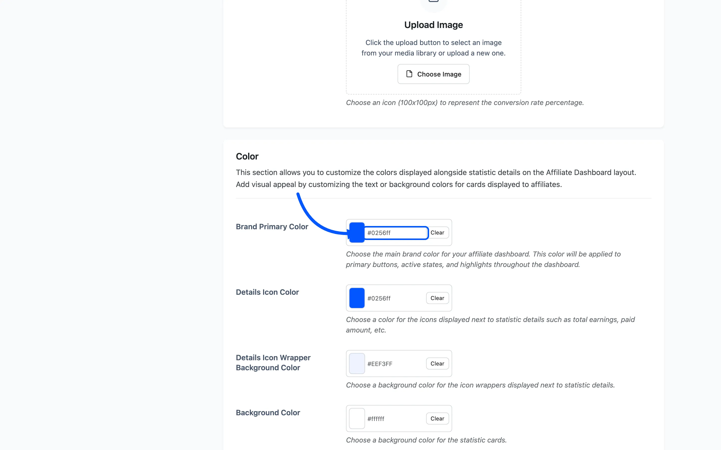 The Brand Primary Color picker on the Layout settings tab